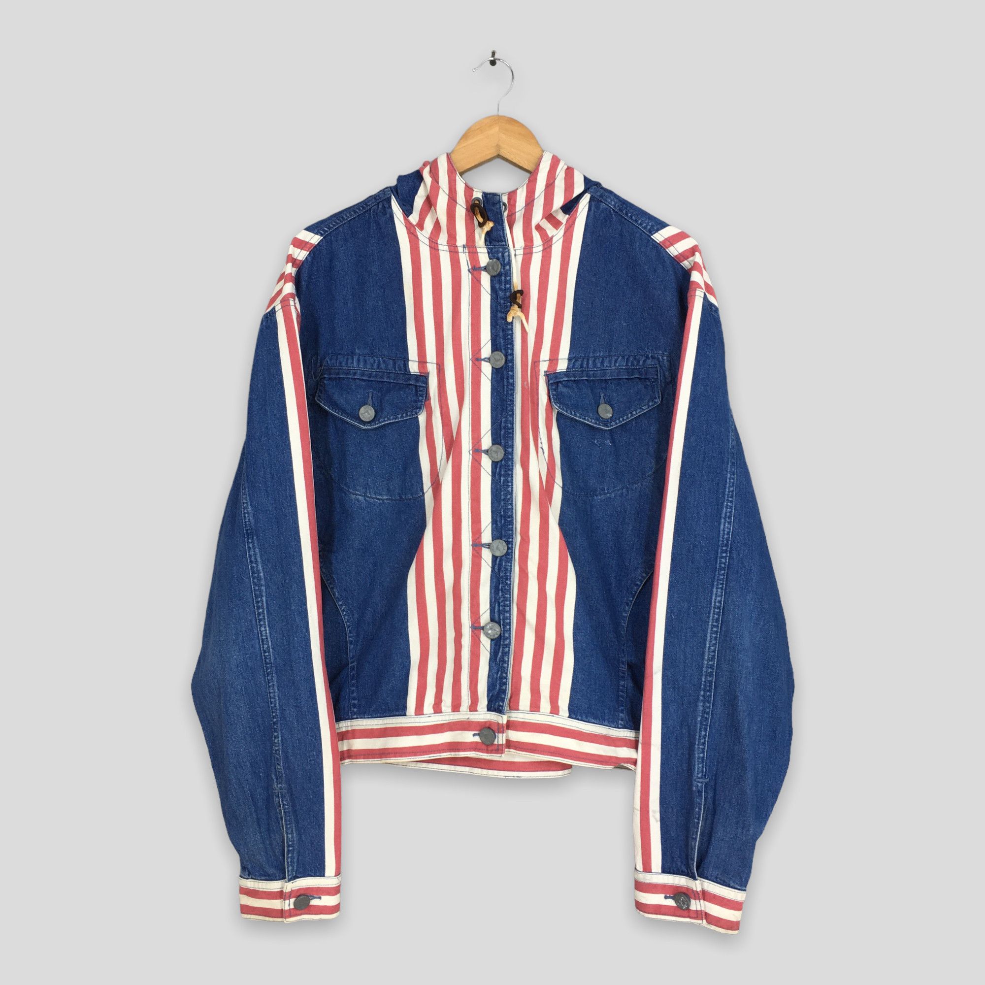 image of Vintage 90's Armani Jeans Denim Trucker Jacket Hoodie Large, Men's