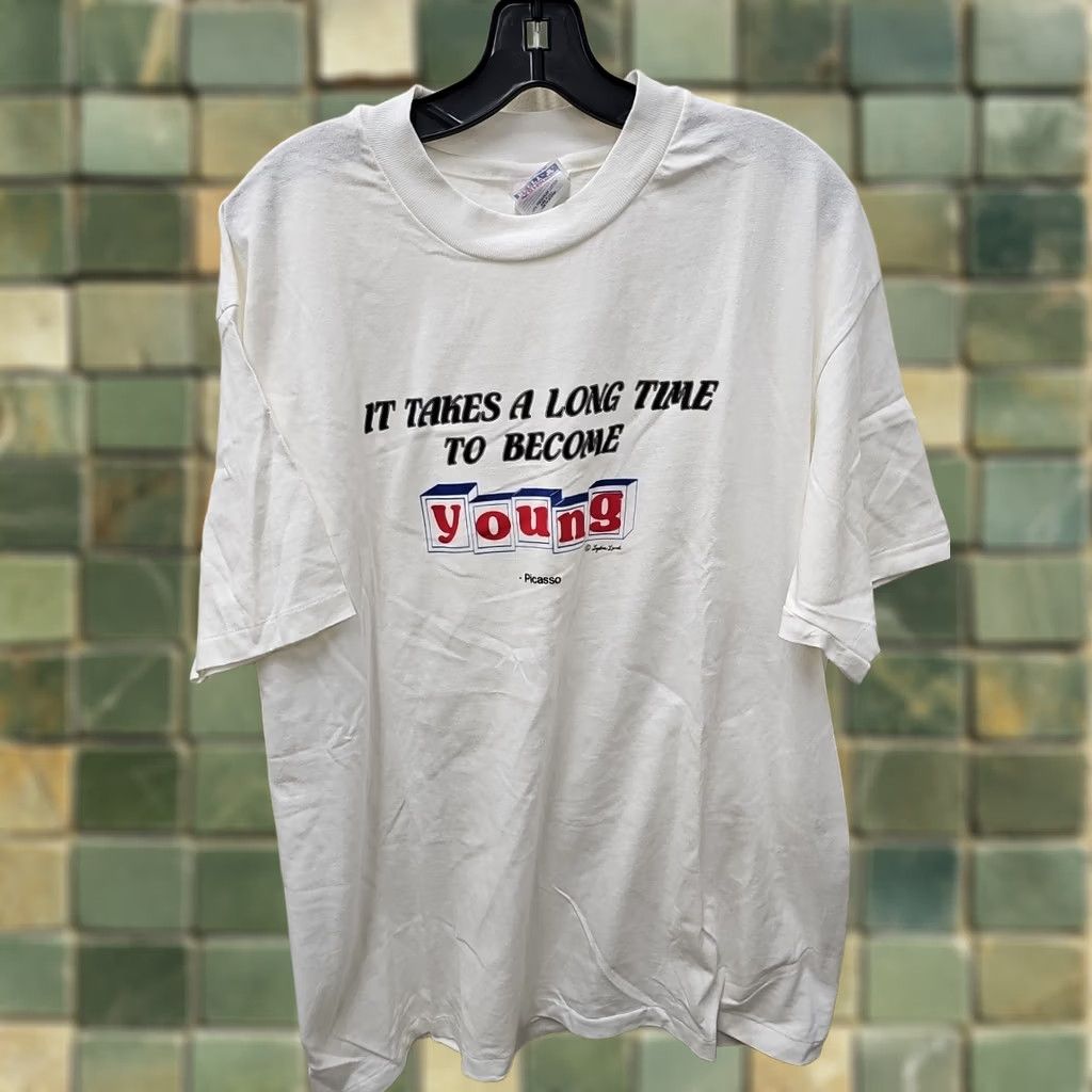 Vintage VINTAGE Picasso It Takes Time To Become Young T Shirt XL White 1990s Graphic Tee Mens/Boys? Size US XL / EU 56 / 4 - 1 Thumbnail
