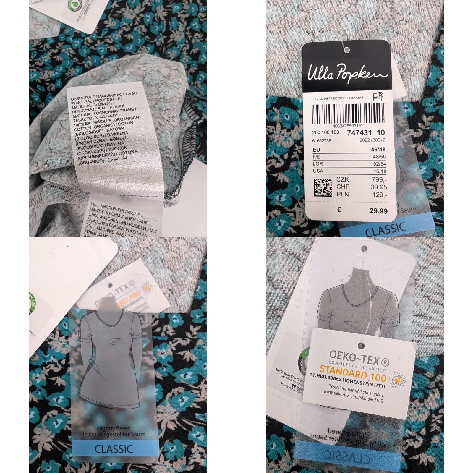 Vintage NWT Ulla Popken Classic Floral Tee Square Neck Short Sleeve Plus Sz 16/18 Turquoise Blue Women's T-Shirt Oeko-Tex Size XXL / US 16-18 / IT 52-54 - 8 Thumbnail