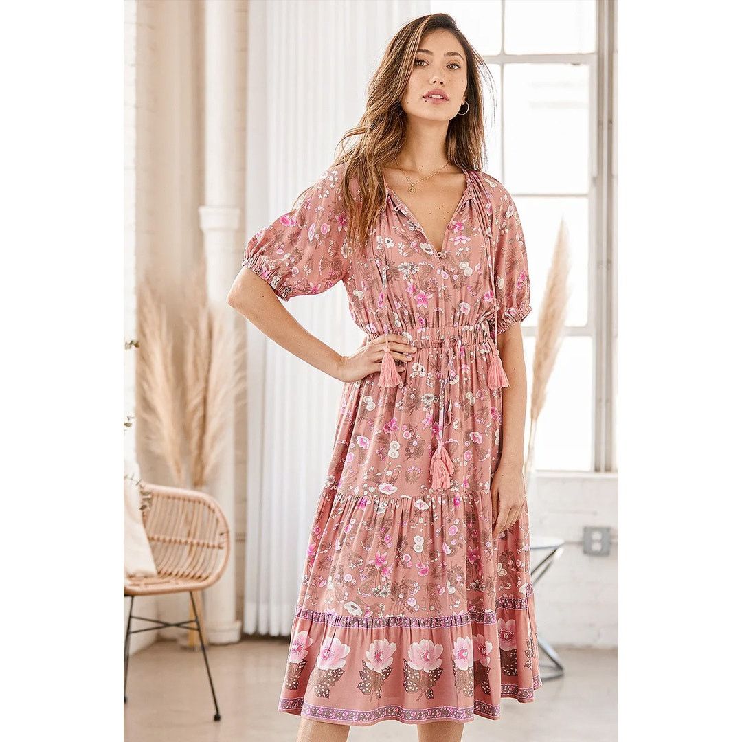Lululemon Lulu's Womens S Pink Floral Short Sleeve Midi Dress Cottage Size S / US 4 / IT 40 - 12 Thumbnail