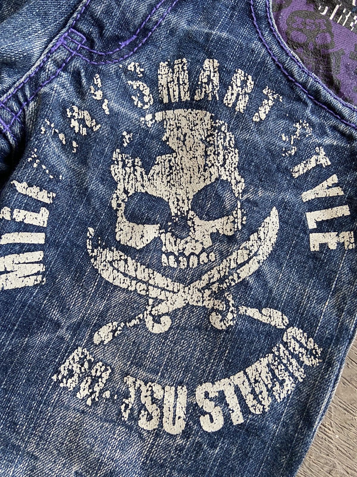Le Grande Bleu (L.G.B.) 2000s Ba-Tsu Studio - Skull Boy AOP Denim Pants Size US 26 / EU 42 - 4 Thumbnail