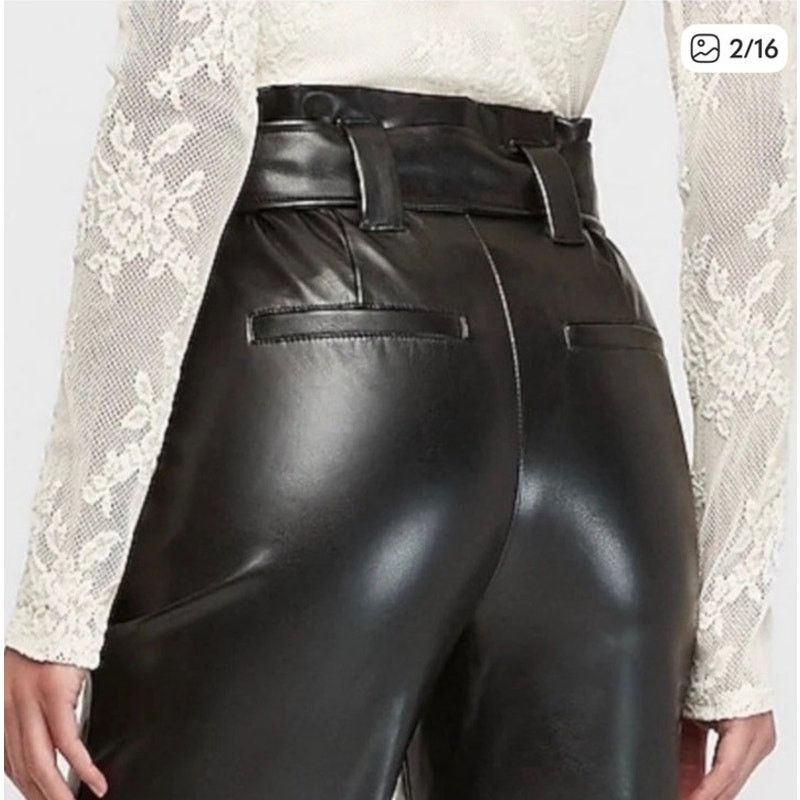 Express Express Black Faux Leather Ankle High Rise Paperbag Pants,4R Size 27" / US 4 / IT 40 - 2 Thumbnail