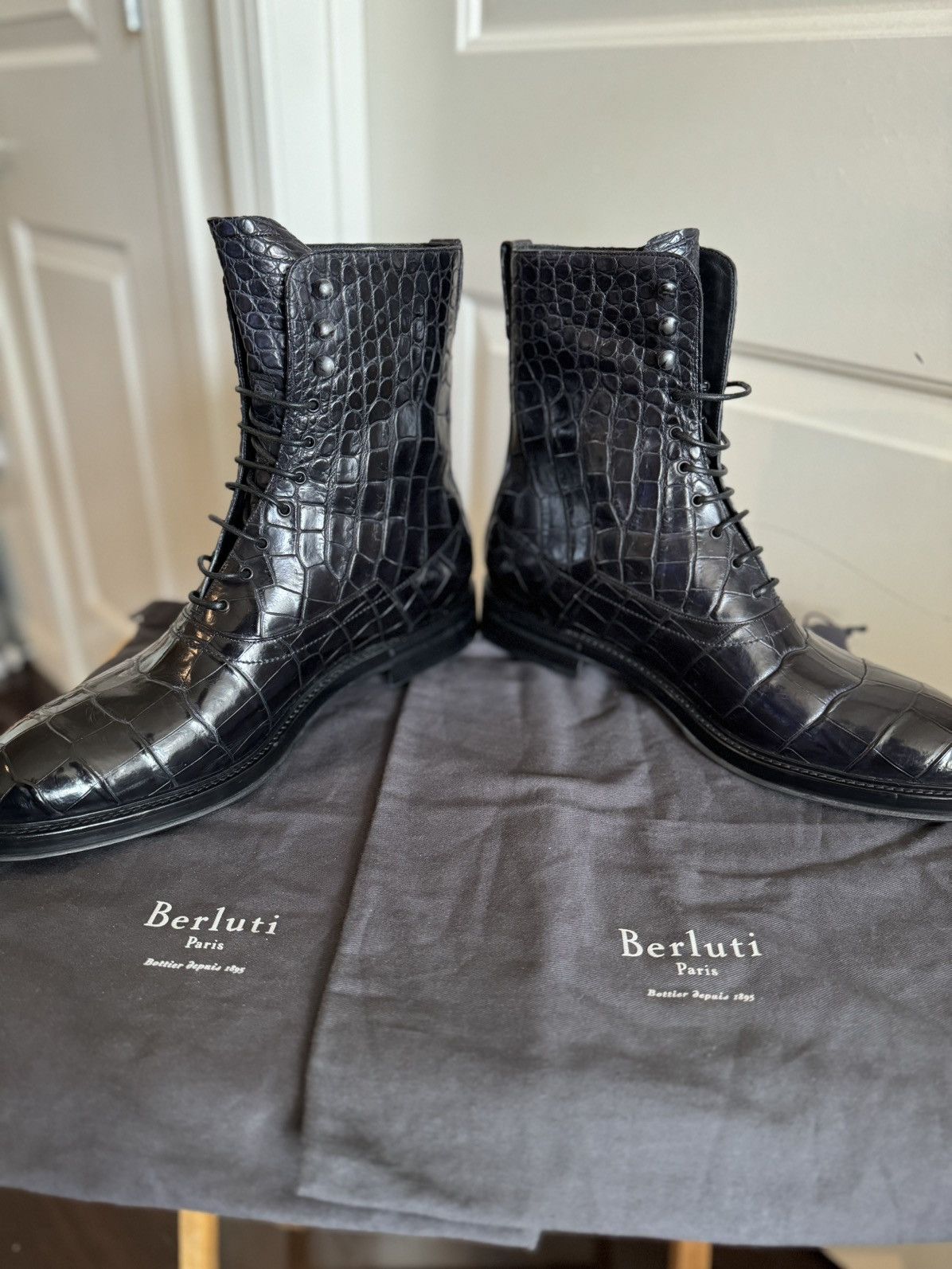 image of Berluti Haider Ackerman Bergen Alligator Sample Boots Us 12 in Black, Men's