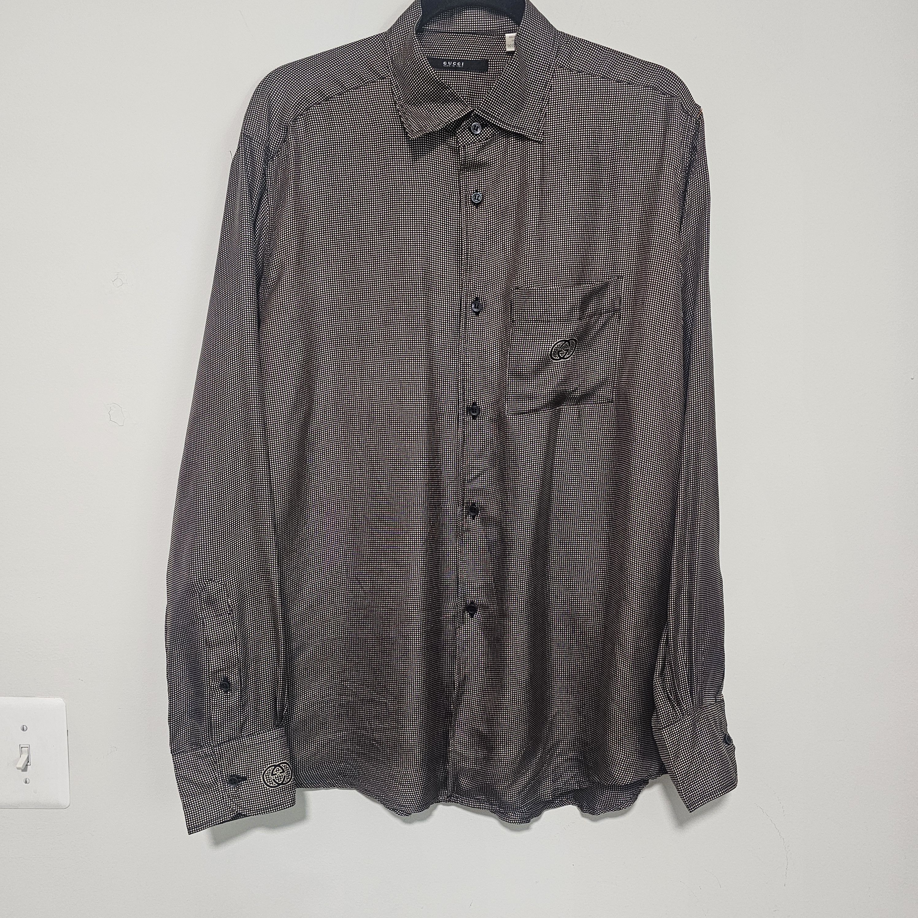 Gucci Gucci Mens Silk Button Down Shirt 43 Brown Micro Dot Logo Size US S / EU 44-46 / 1 - 1 Thumbnail