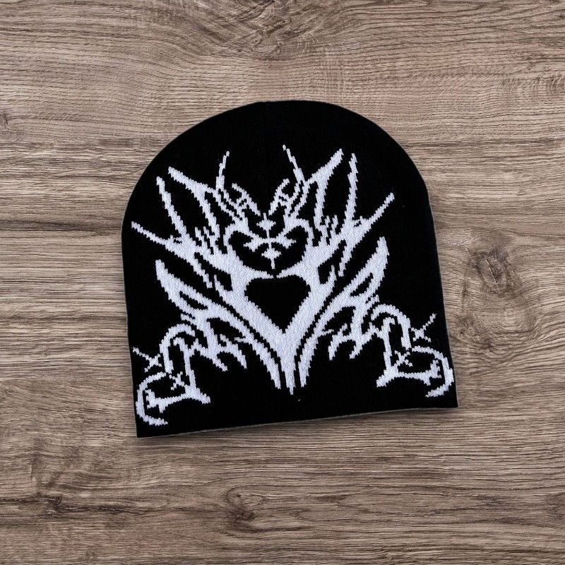 Other Black White Opium ALT Grunge Knit Hat Heart Motif Beanie Size ONE SIZE - 1 Preview
