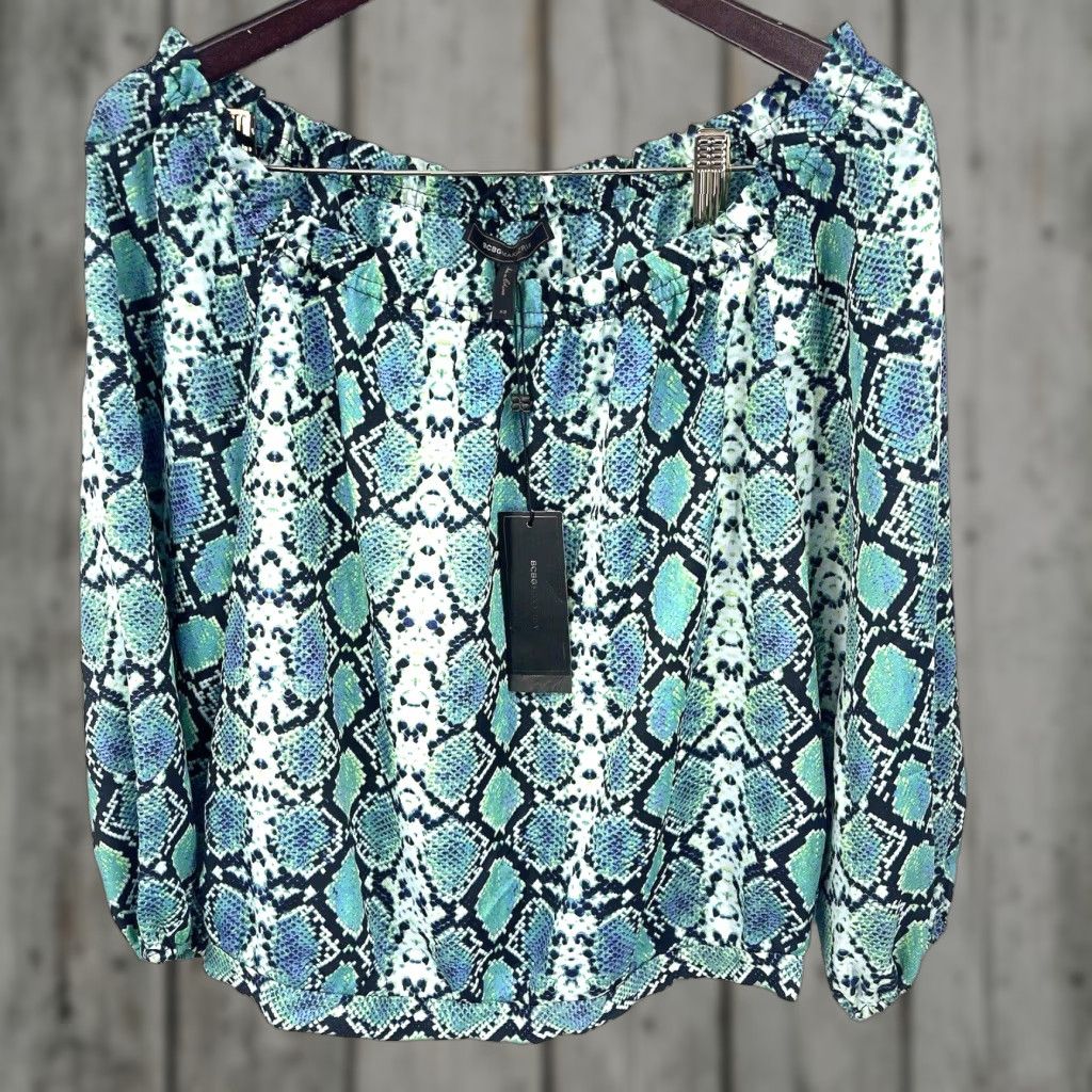 Bcbgmaxazria BCBG MAXAZRIA Orpha Blouse Womens XS Reptile Print Off The Shoulder Luxury Size XS / US 0-2 / IT 36-38 - 1 Thumbnail