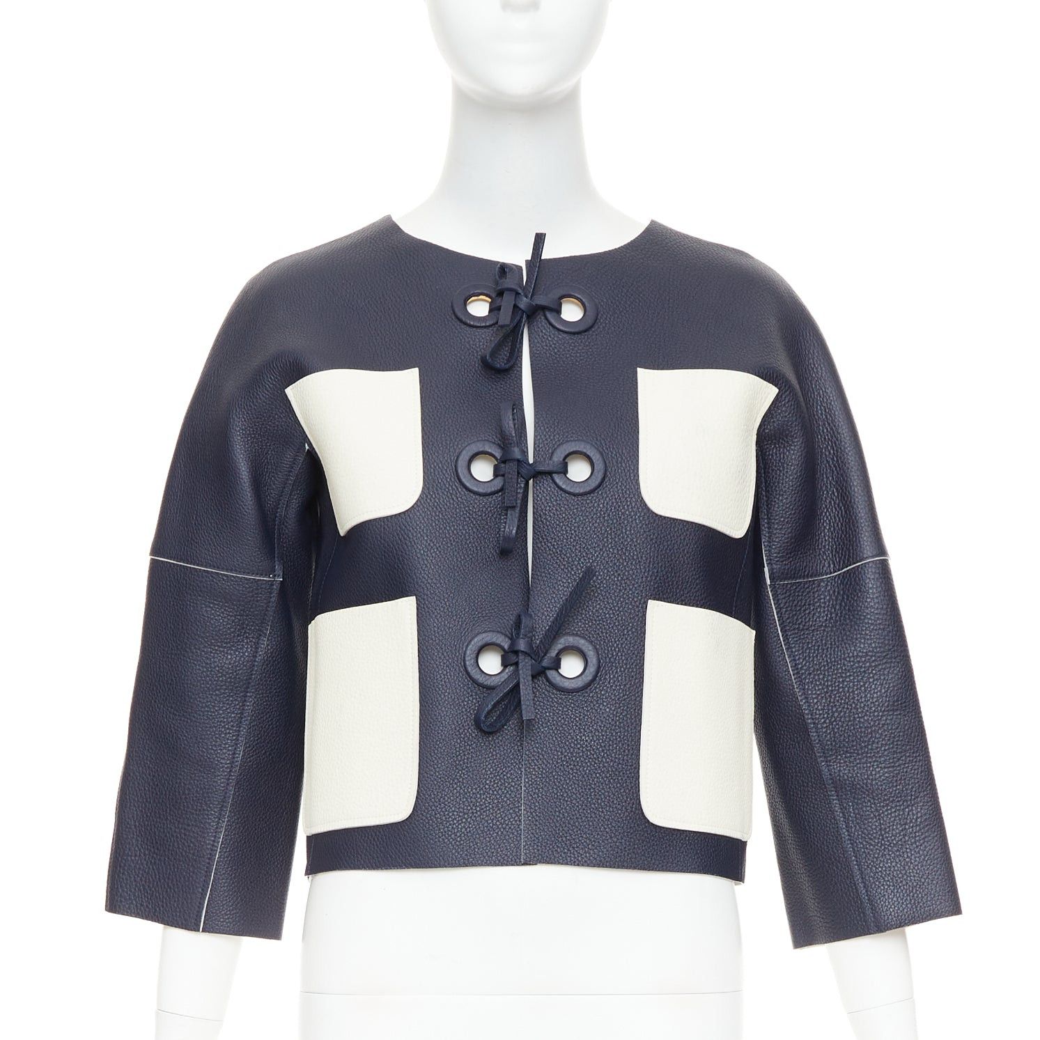 Louis Vuitton LOUIS VUITTON navy off white textured leather tie front jacket FR36 M Size S / US 4 / IT 40 - 1 Thumbnail