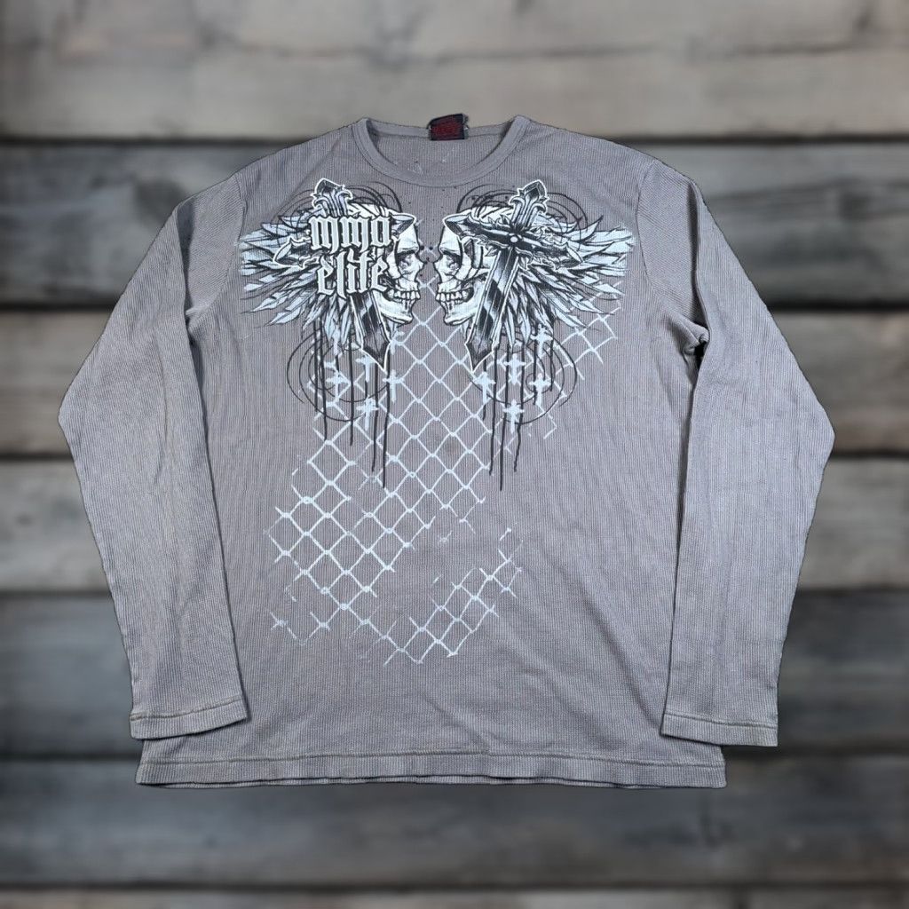 Vintage VINTAGE MMA Elite Skull Wings Thermal Shirt Men's 2XL Gray Long Sleeve Knit Shirt Size US XXL / EU 58 / 5 - 1 Thumbnail