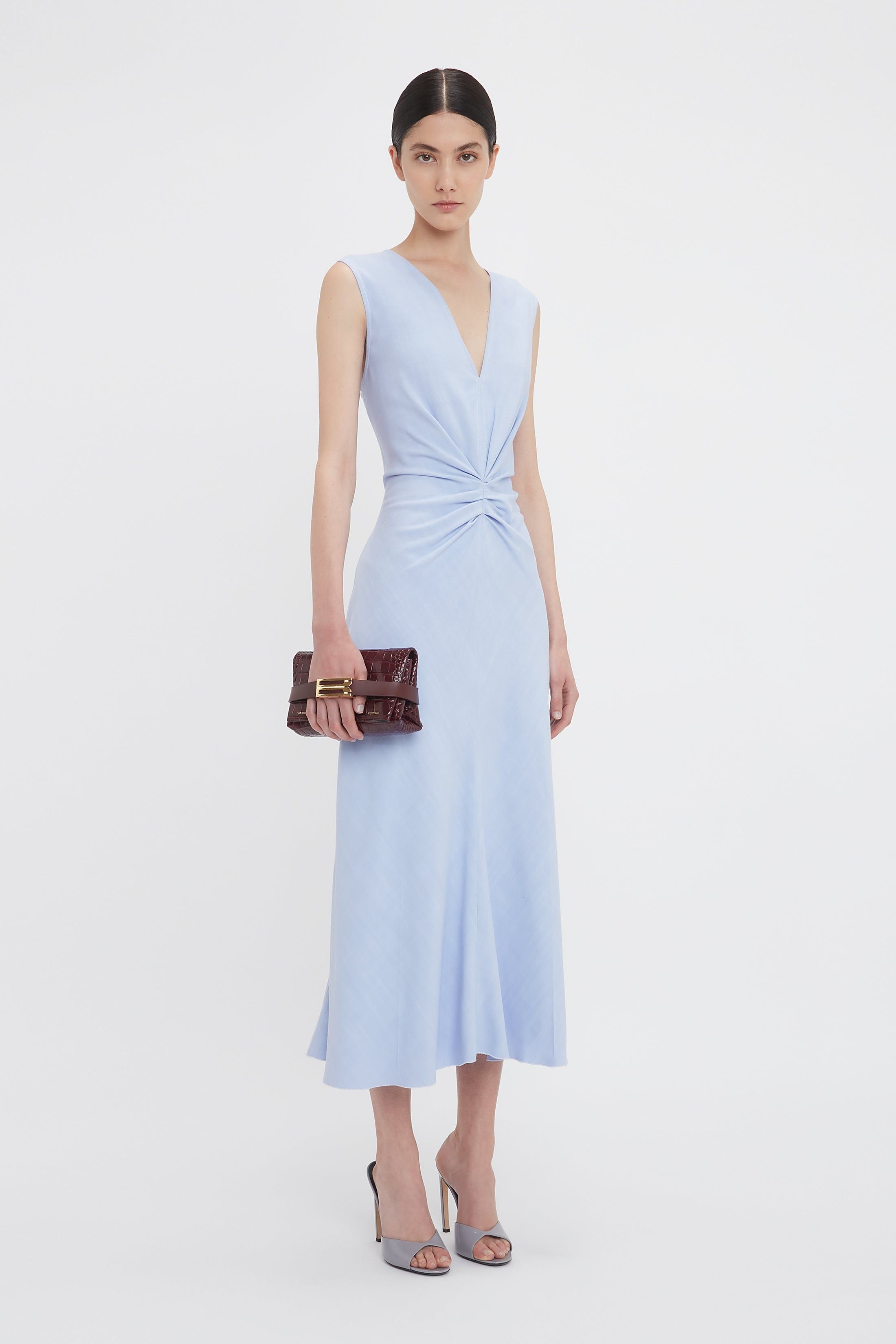 Victoria Beckham o1mle0525 Sleeveless Gathered Waist Midi Dress In Frost Blue Size M / US 6-8 / IT 42-44 - 6 Thumbnail