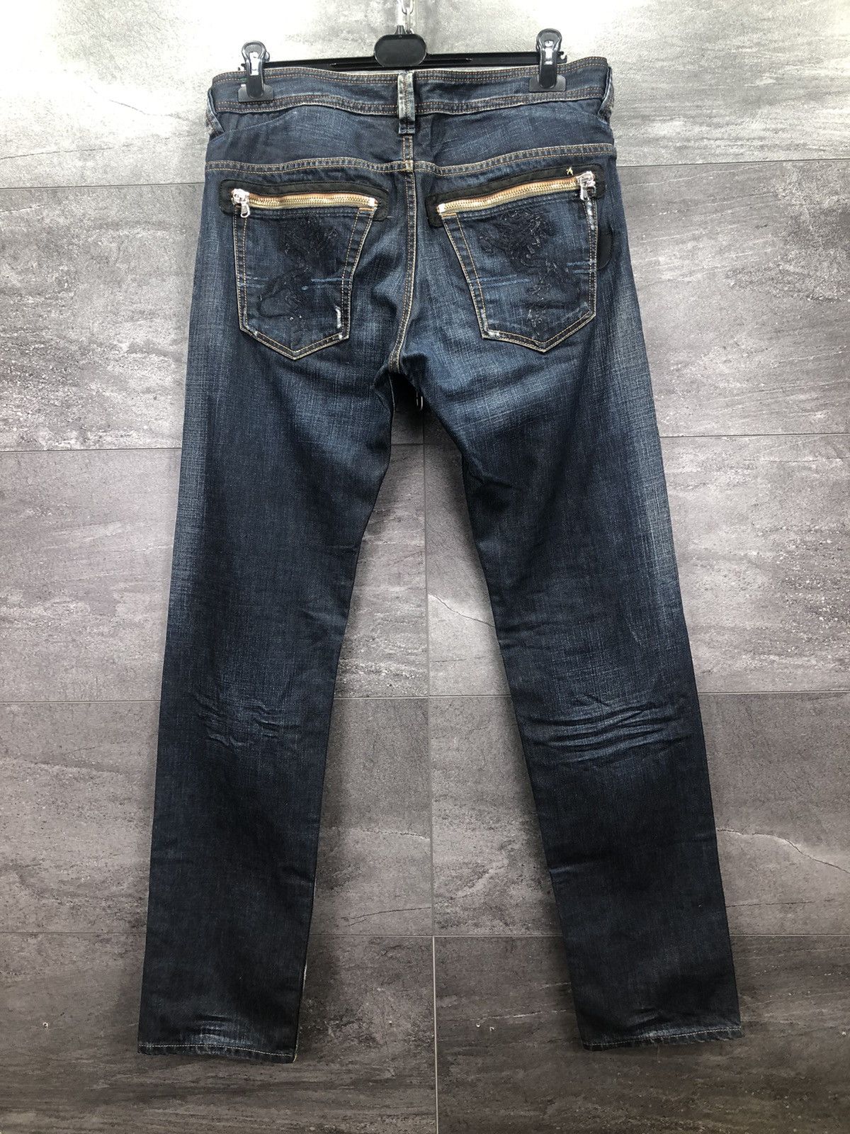 image of Diesel Slammer Embroidered Zipper Pocket Dragon Denim Jeans in Blue, Men's (Size 34)