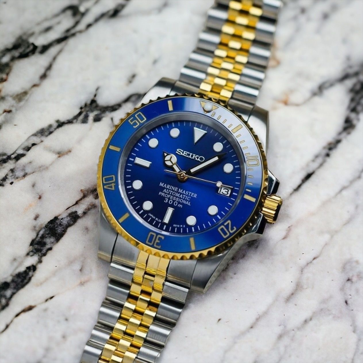 Japanese Brand Seiko Mod Submariner Bluesy Blue Steel Gold Jubilee Watch Size ONE SIZE - 1 Thumbnail