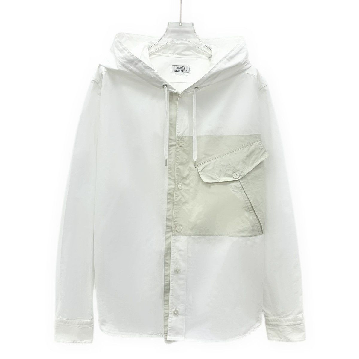 Hermes Hermes White Spliced Pocket Hooded Long Sleeve Shirt K26WX Size US S / EU 44-46 / 1 - 1 Thumbnail