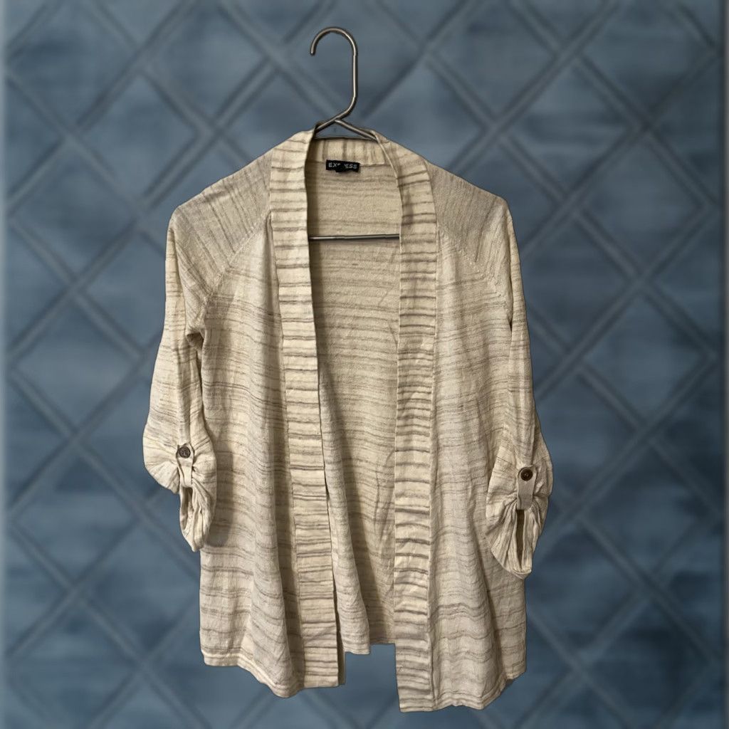 Express VINTAGE? No — Express Cardigan: Women's Open Knit Striped Long Sleeve, Ivory, Size S, Roll Tab Size S / US 4 / IT 40 - 1 Thumbnail
