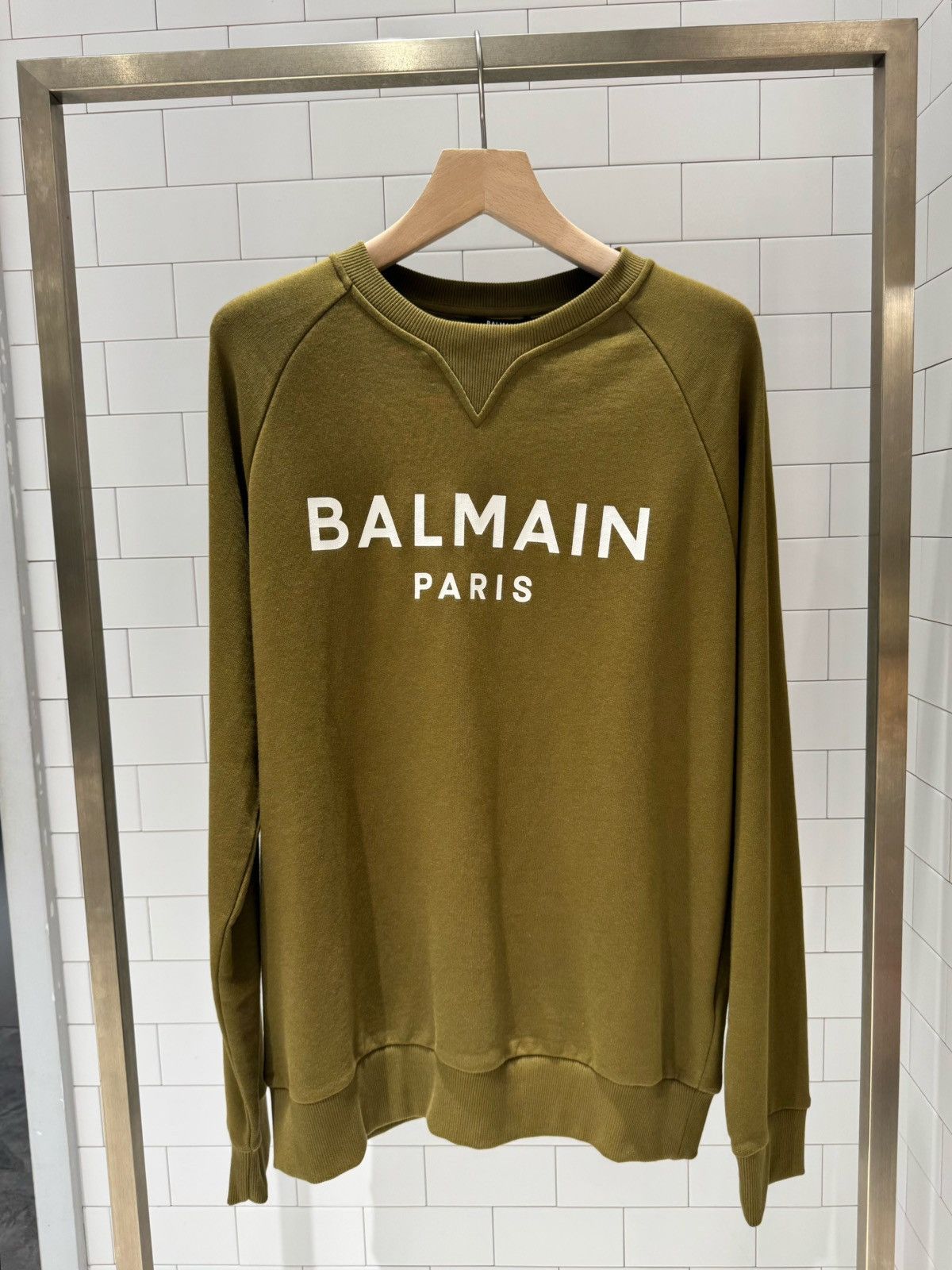 Balmain 95New Paris Logo Crew Sweatshirt - Khaki, XL Size US XL / EU 56 / 4 - 2 Thumbnail