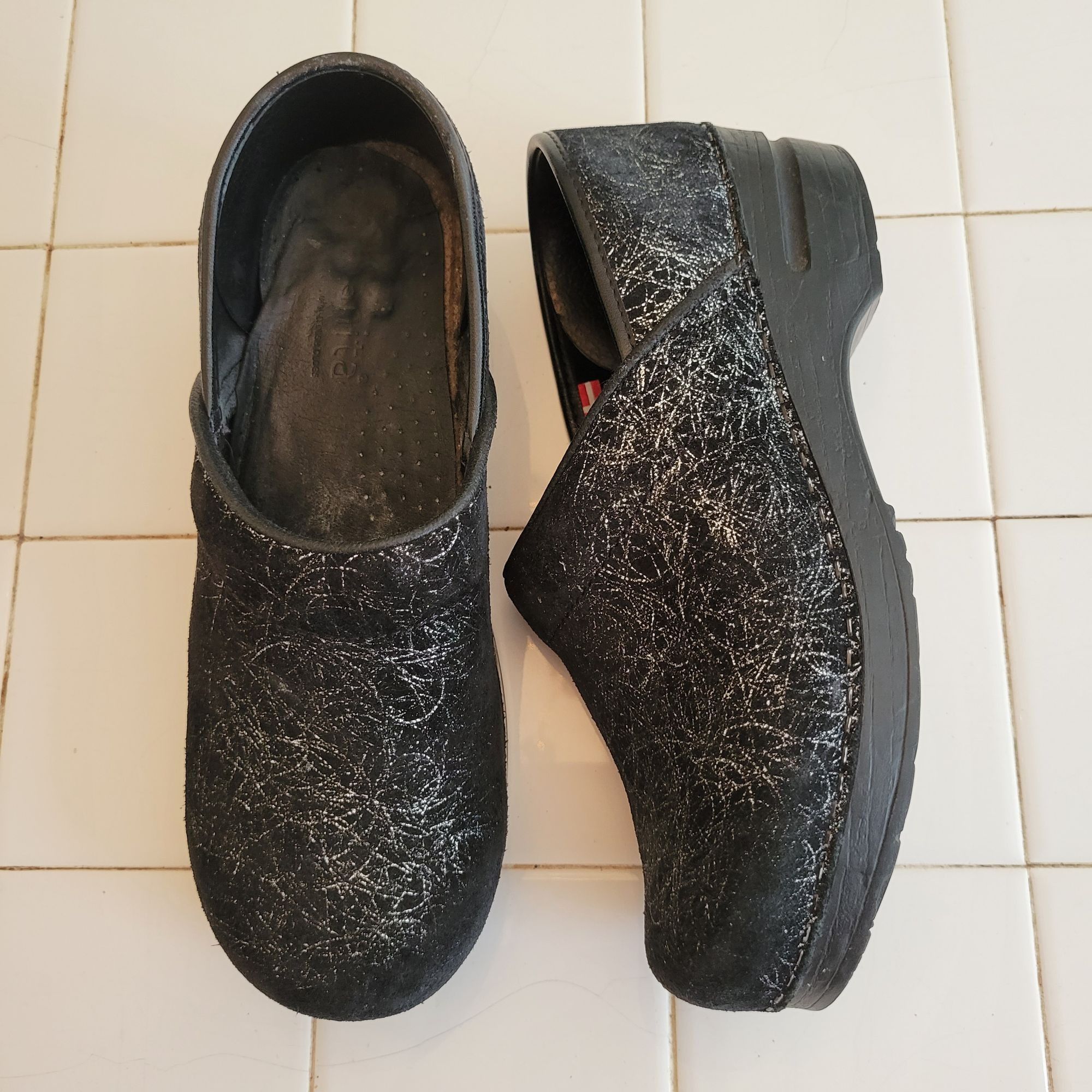 Sanita 39 Black Metallic Sparkle Danish Tinsel Clogs Leath - Main Image