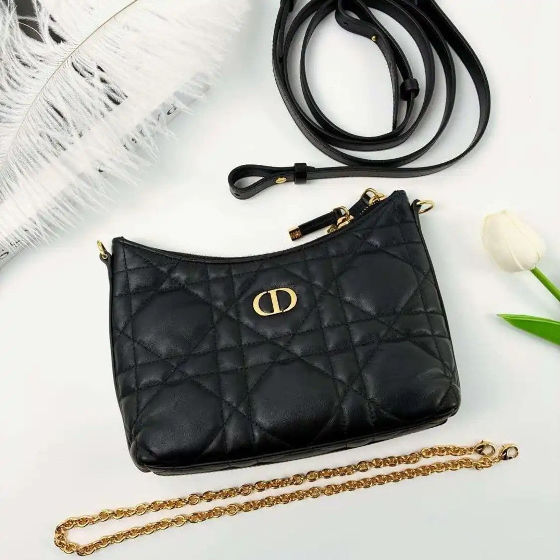 Dior DIOR Miss Caro mini black sheepskin rattan plaid quilted shoulder bag 2 striped Size ONE SIZE - 1 Thumbnail