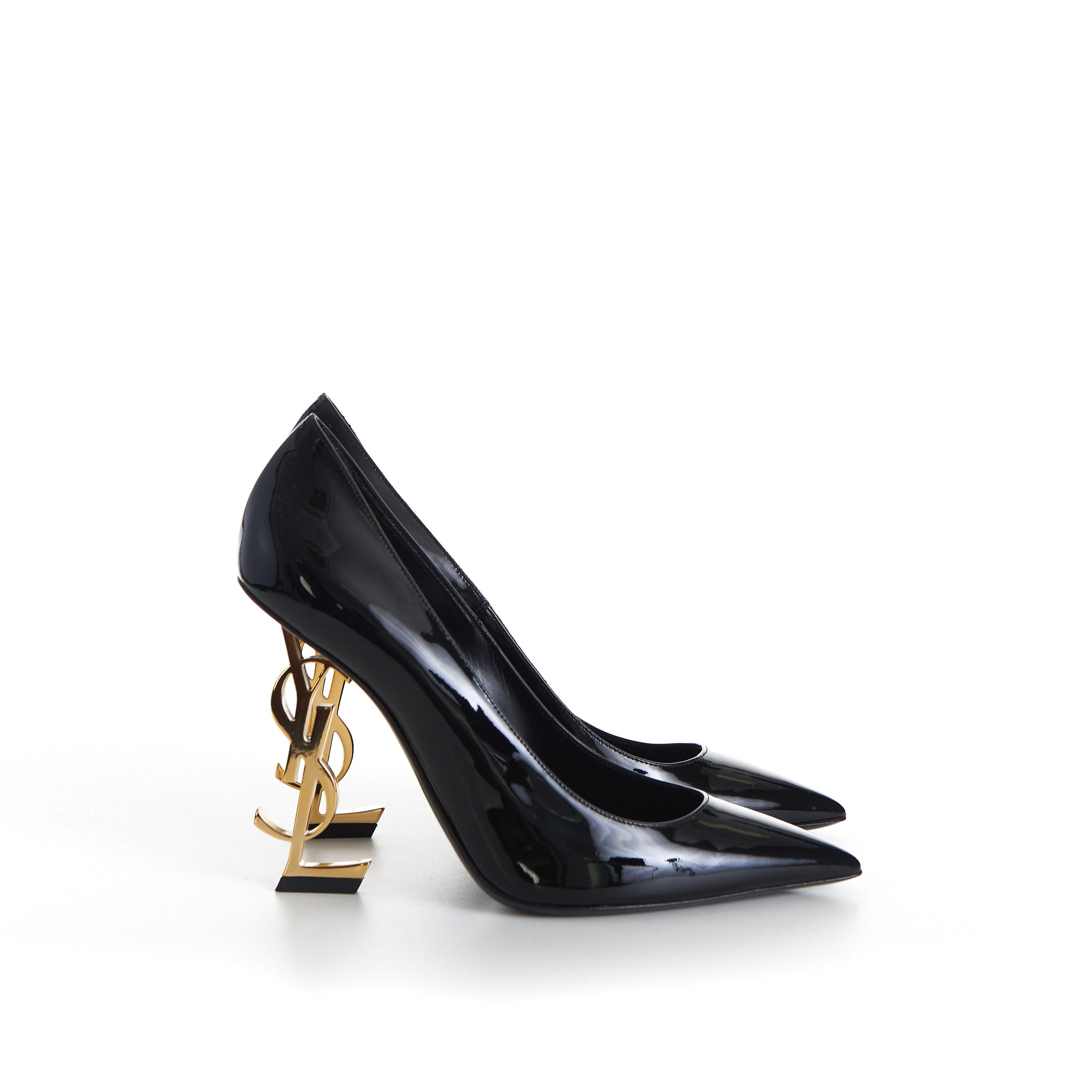 image of Saint Laurent Paris Opyum Pumps - Black Patent Leather, YSL Cassandre Heel Shoes, Women's (Size 6)