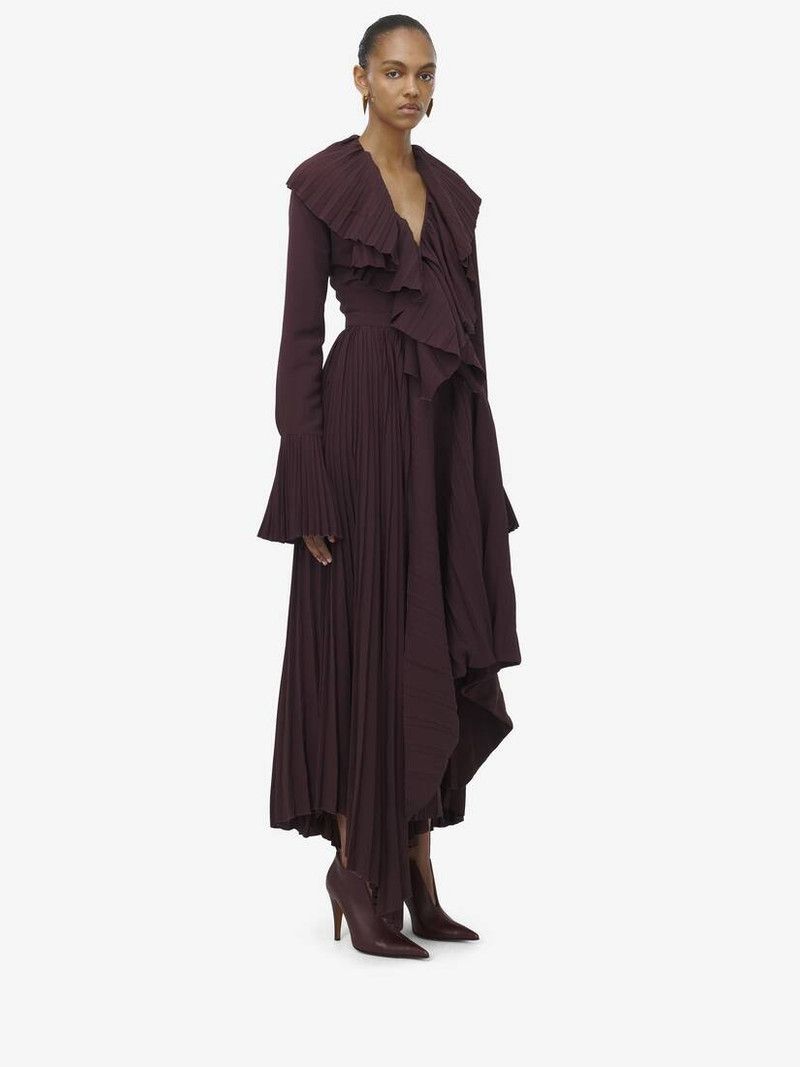 Alexander McQueen o1srvl11e0226 Asymmetric Pleated Skirt In Burgundy Size 26" / US 2 / IT 38 - 3 Thumbnail