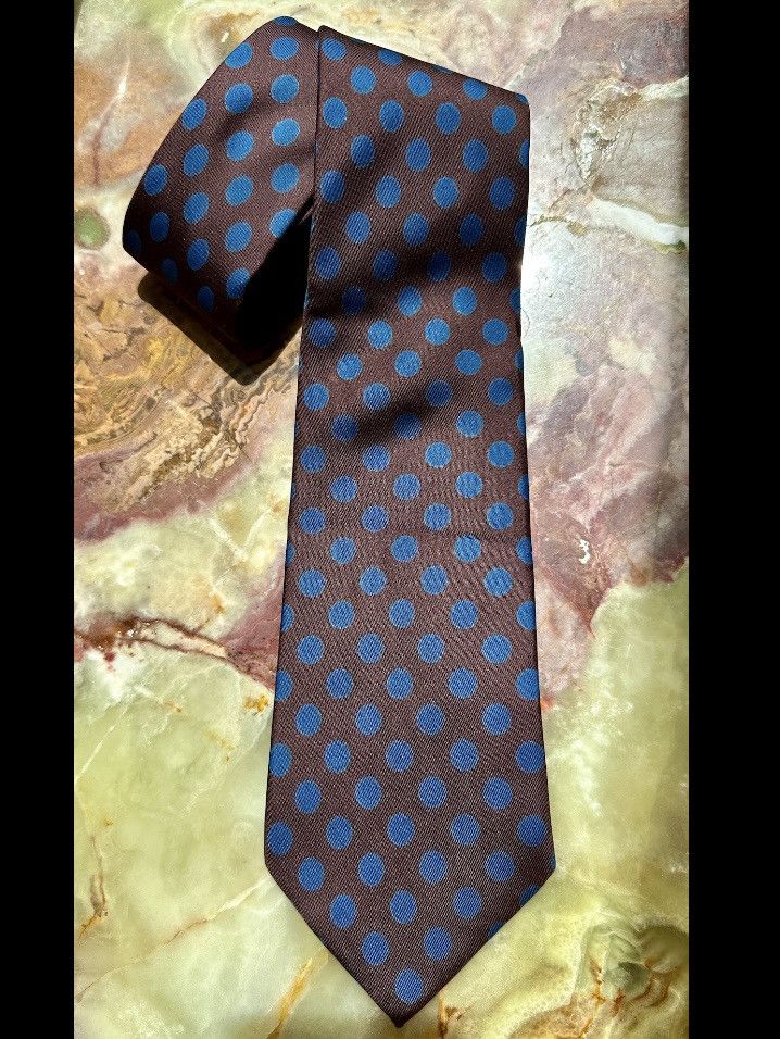 Turnbull & Asser VINTAGE 1990s TURNBULL & ASSER TIE SILK BROWN BLUE POLKA DOT Size ONE SIZE - 1 Thumbnail