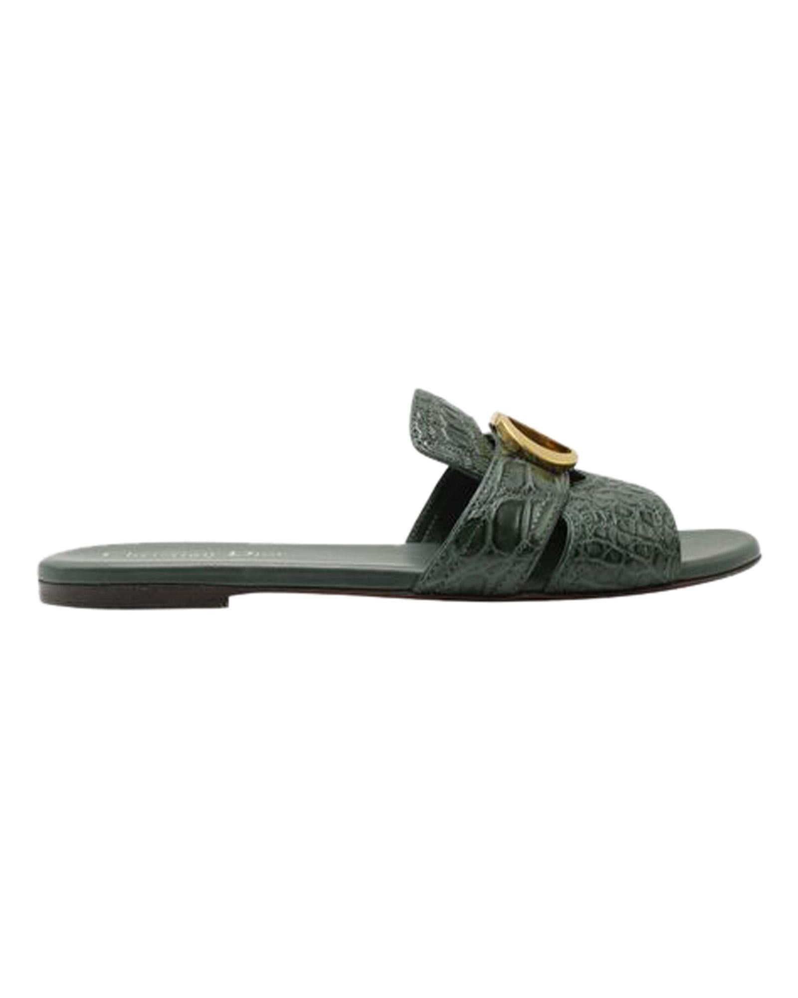 image of Dior Bottle Green Croc Embossed Flat Mule Shoess, Women's (Size 9)