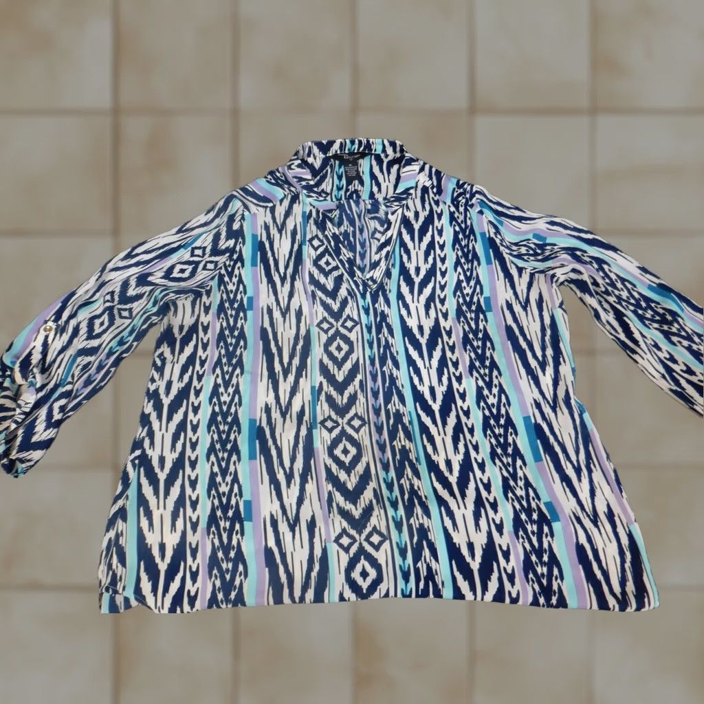 Vintage Riley & James Womens Blouse XL Blue Button Down Casual Long Sleeve Crew Neck Geometric Rayon Polyester Stretch Regular Vintage: No Size XL / US 12-14 / IT 48-50 - 1 Thumbnail