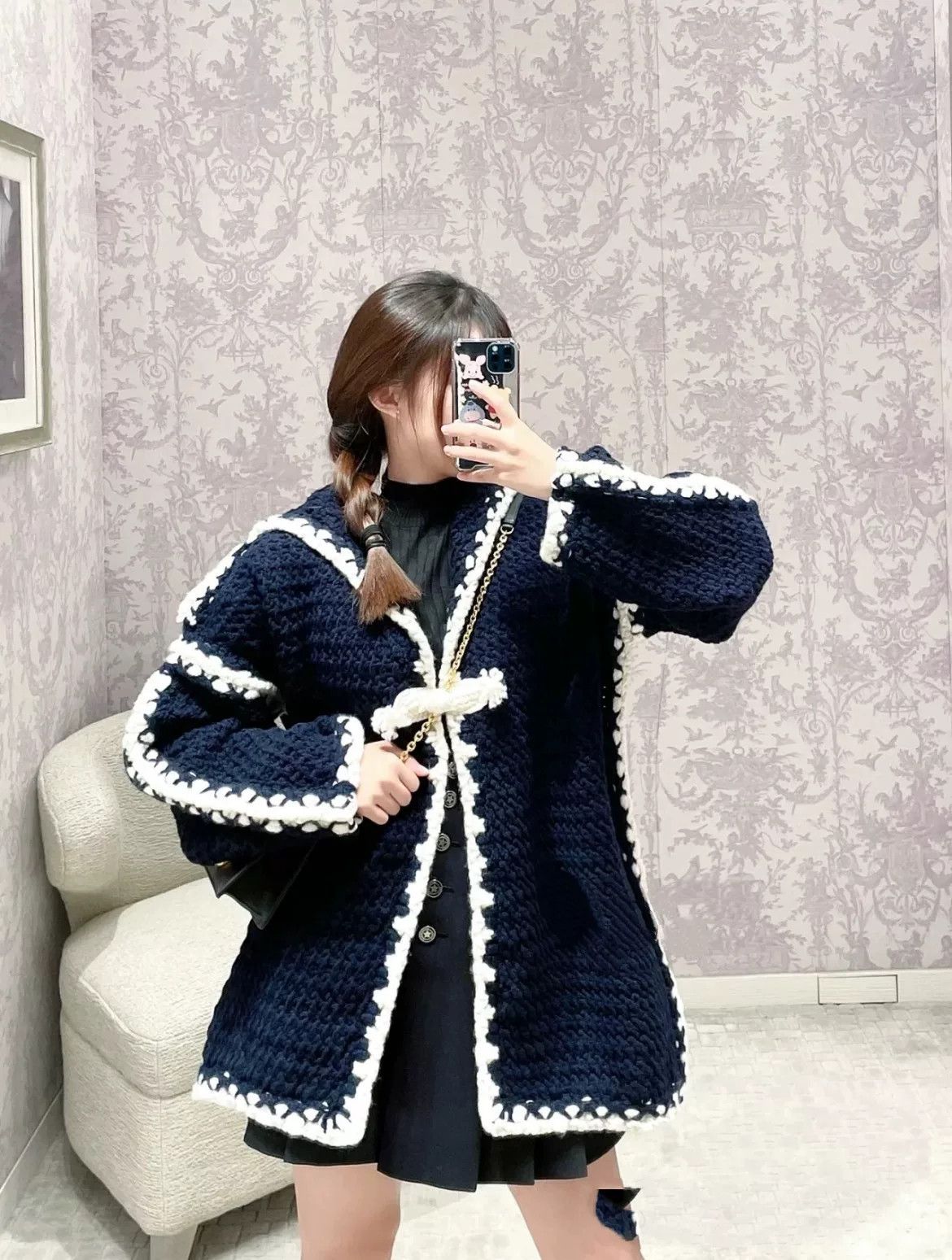 Dior Navy White Knit Cardigan XS