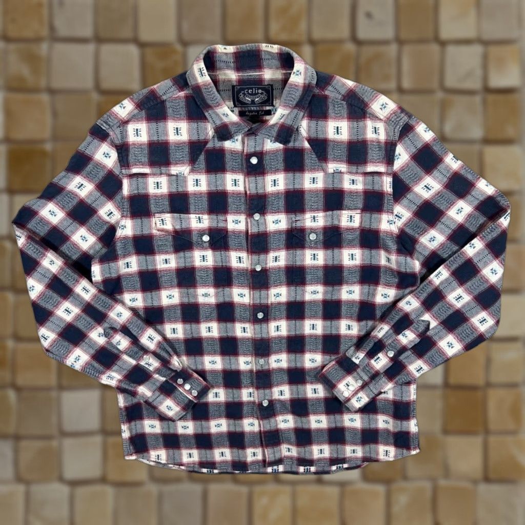 Celio Celio Regular Fit Patterned Plaid Check Western Style Popper Long Sleeve Shirt Large Navy Check Mens Size US L / EU 52-54 / 3 - 1 Thumbnail