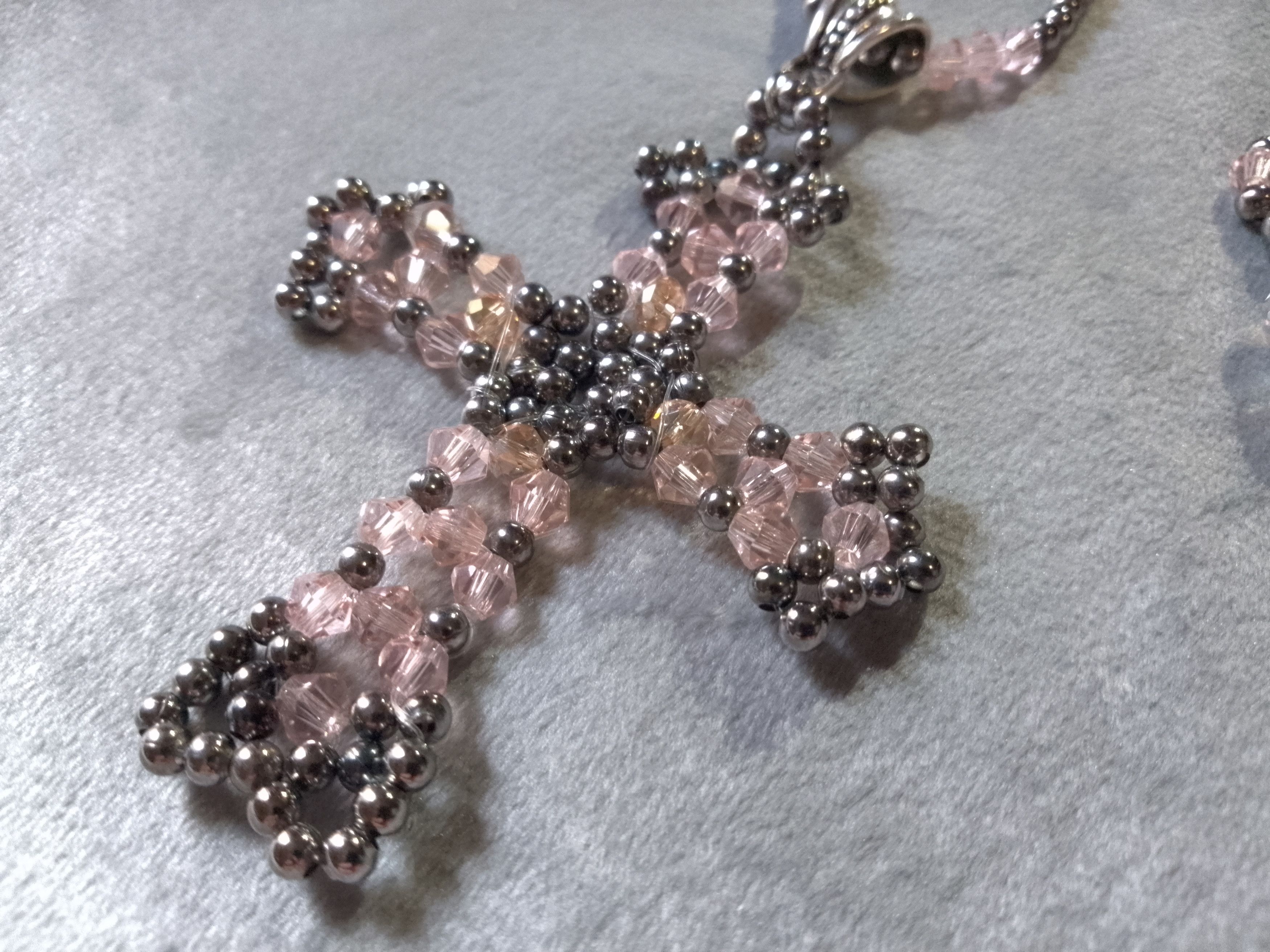 Handmade Necklace with cross pendant Earrings. Pink crystal+ brass Size ONE SIZE - 2 Thumbnail
