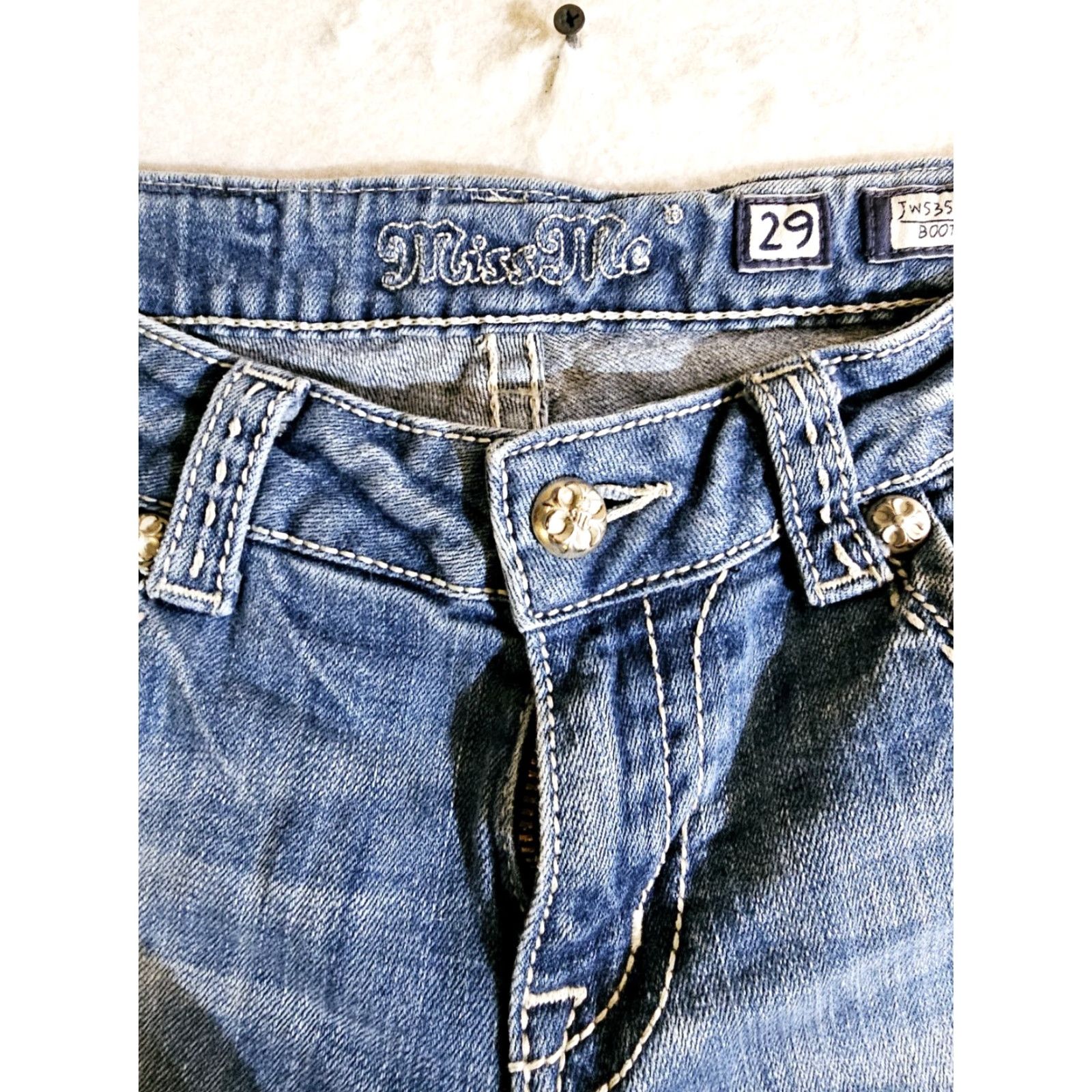 Miss Me Miss Me Signature Boot Cut Jeans Stretch 29x32 Denim Blue Women's Jeans JW5353B Flap Pockets Thick Stitch Size 29" - 3 Thumbnail