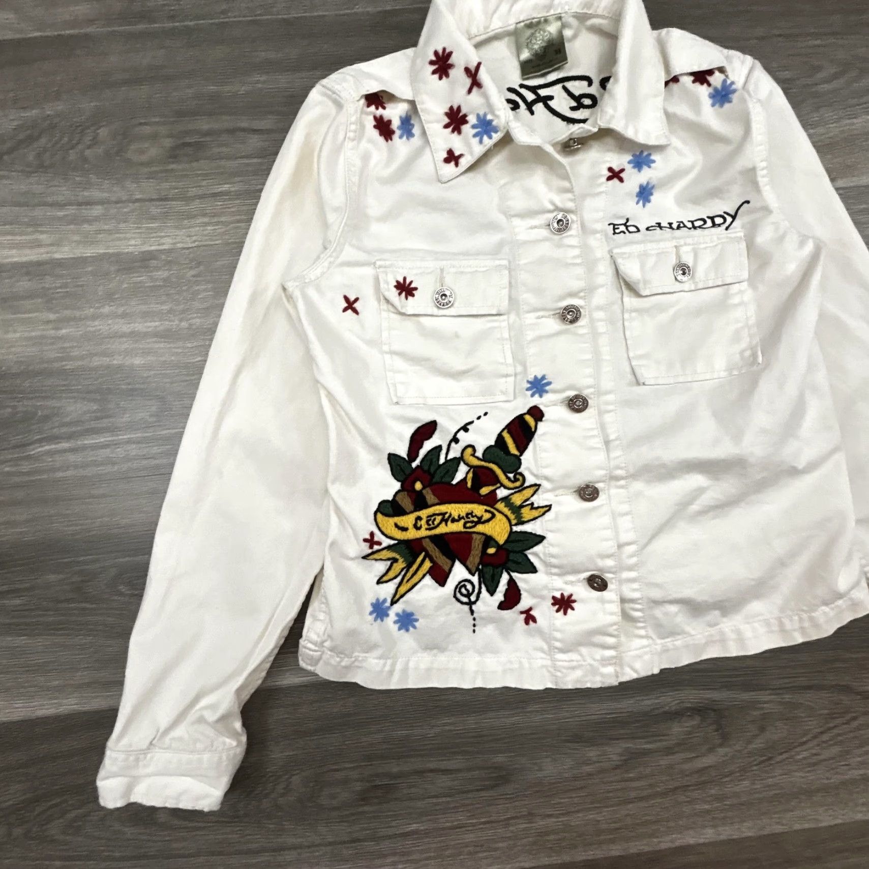 Ed Hardy VINTAGE Ed Hardy Jacket Womens M White Embroidered Tattoo Rose Graphic Denim Y2K Spring Short Sleeve? Size M / US 6-8 / IT 42-44 - 3 Thumbnail