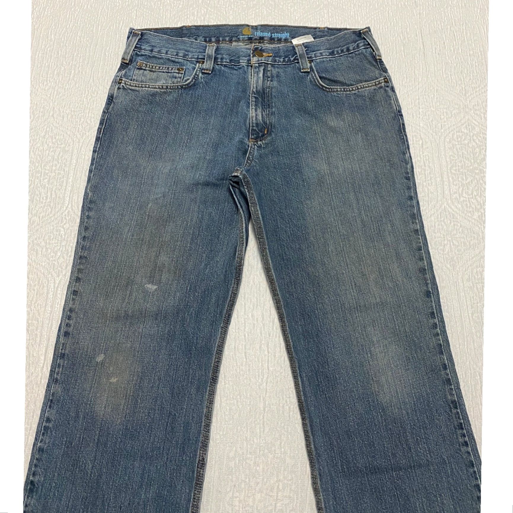 Carhartt Carhartt Jeans Men 36x34 Relaxed Straight Denim Blue Cotton Workwear 5-Pocket Zipper Button Logo Distressed Nicaraguan Spring Summer Fall Winter Mens Size US 36 / EU 52 - 2 Thumbnail