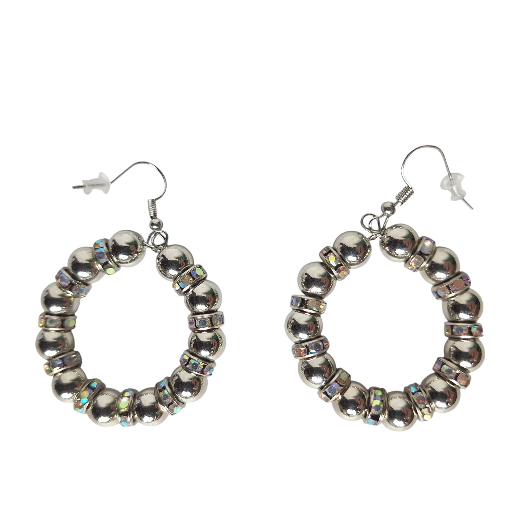 Other Silver Tone Beaded Hoop Earrings Iridescent Rhinestone Disco Size ONE SIZE - 2 Thumbnail