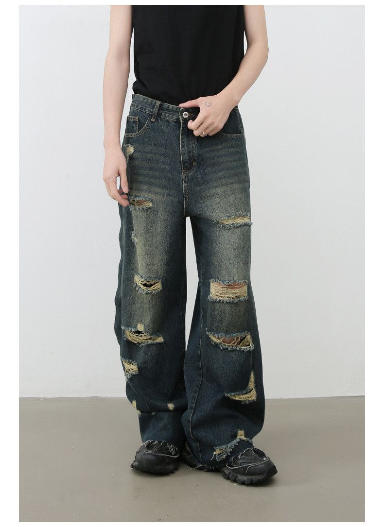 Japanese Brand × Jean Men's loose straight raw edge washed wide-leg ripped jeans Size US 32 / EU 48 - 5 Thumbnail