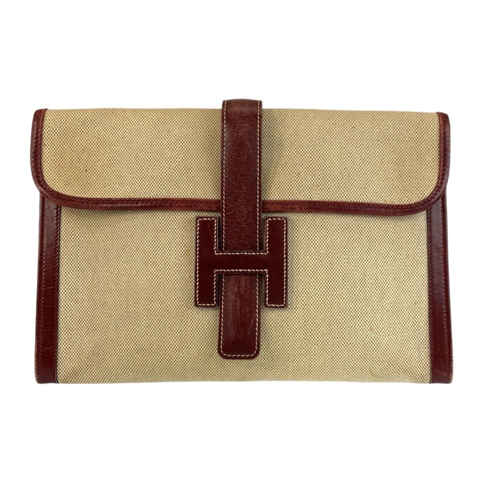 Hermes H Logo Jige Pm Beige Rouge Toile Leather Clutch Bag Pouch For Women