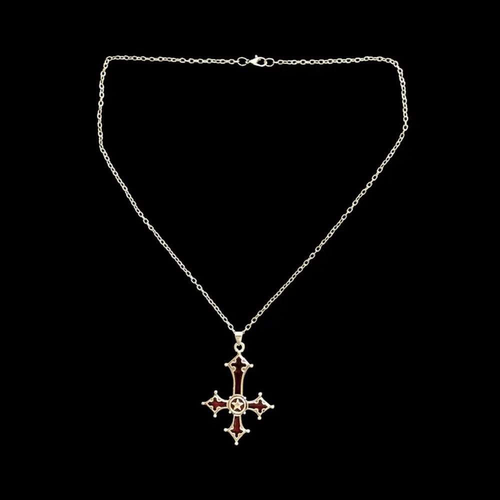Jewelry Chrome Red Silver Cross Goth God Pendant Necklace Star Demon Size ONE SIZE - 5 Thumbnail