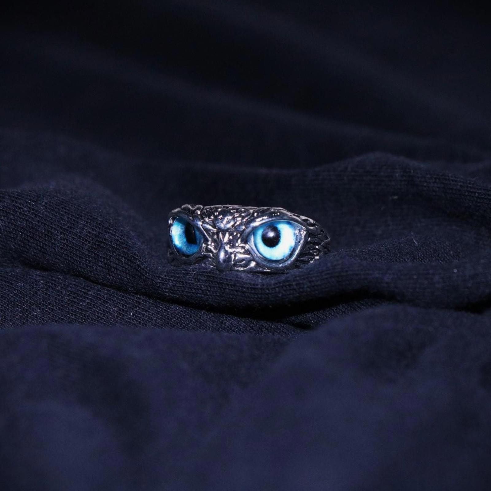 Jewelry Blue-Eyed Owl Ring, Gothic Jewelry, Adjustable Ring Size ONE SIZE - 2 Thumbnail