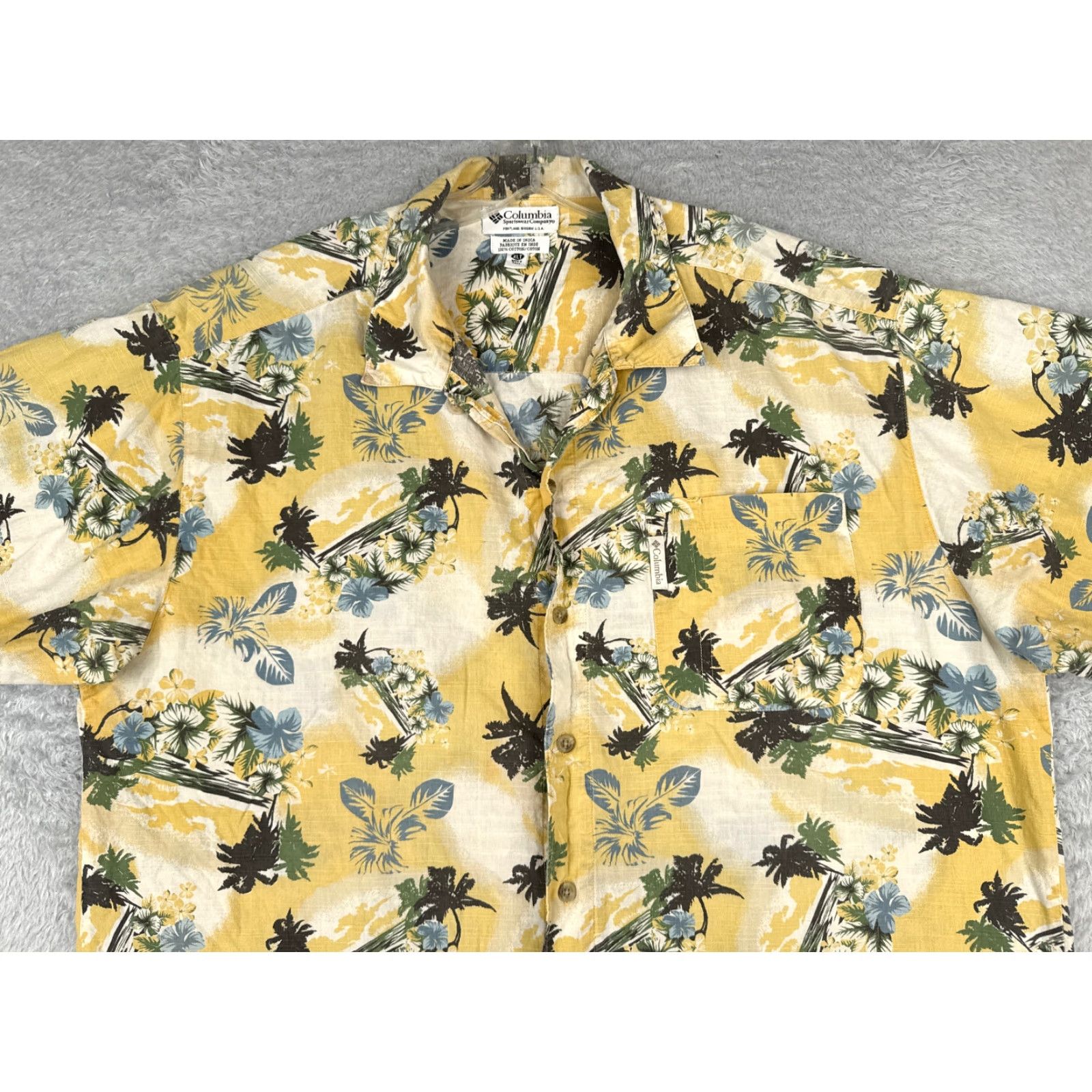 Vintage Columbia Mens Shirt Big & Tall XLT Yellow Floral Palm 100% Cotton Hawaiian Button-Up Crew Neck Casual Size US XL / EU 56 / 4 - 4 Thumbnail