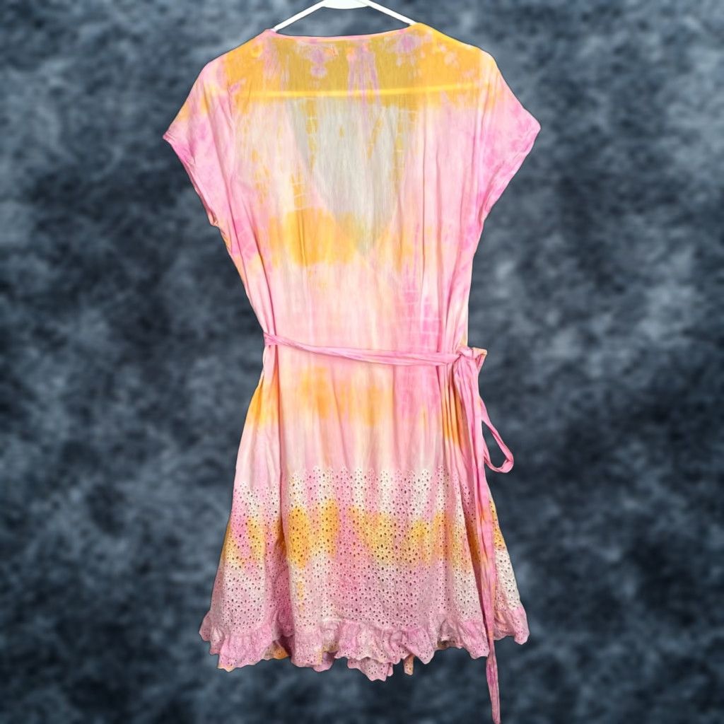 Vintage Calypso St. Barth Womens Small Pink & Yellow Tie-Dye Wrap Dress With Eyelet Hem Shirt Sleeveless V-Neck Casual Summer Spring Short Dress Womens Size S / US 4 / IT 40 - 1 Thumbnail