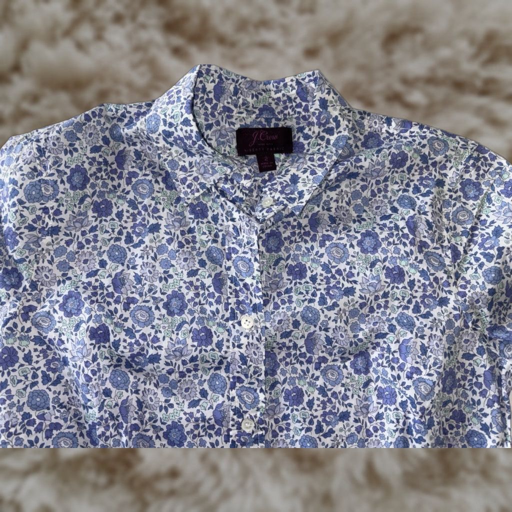 J.CREW Floral Button-Up Shirt Women’s Size 2 Long Sleeve Slim Fit Blue White Classic