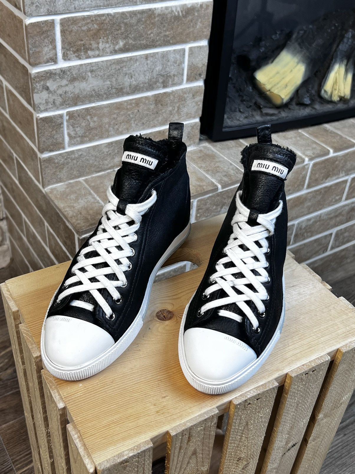 Miu Miu Miu Miu Shearling Suede High Top Black Shoes Size US 7.5 / IT 37.5 - 2 Thumbnail