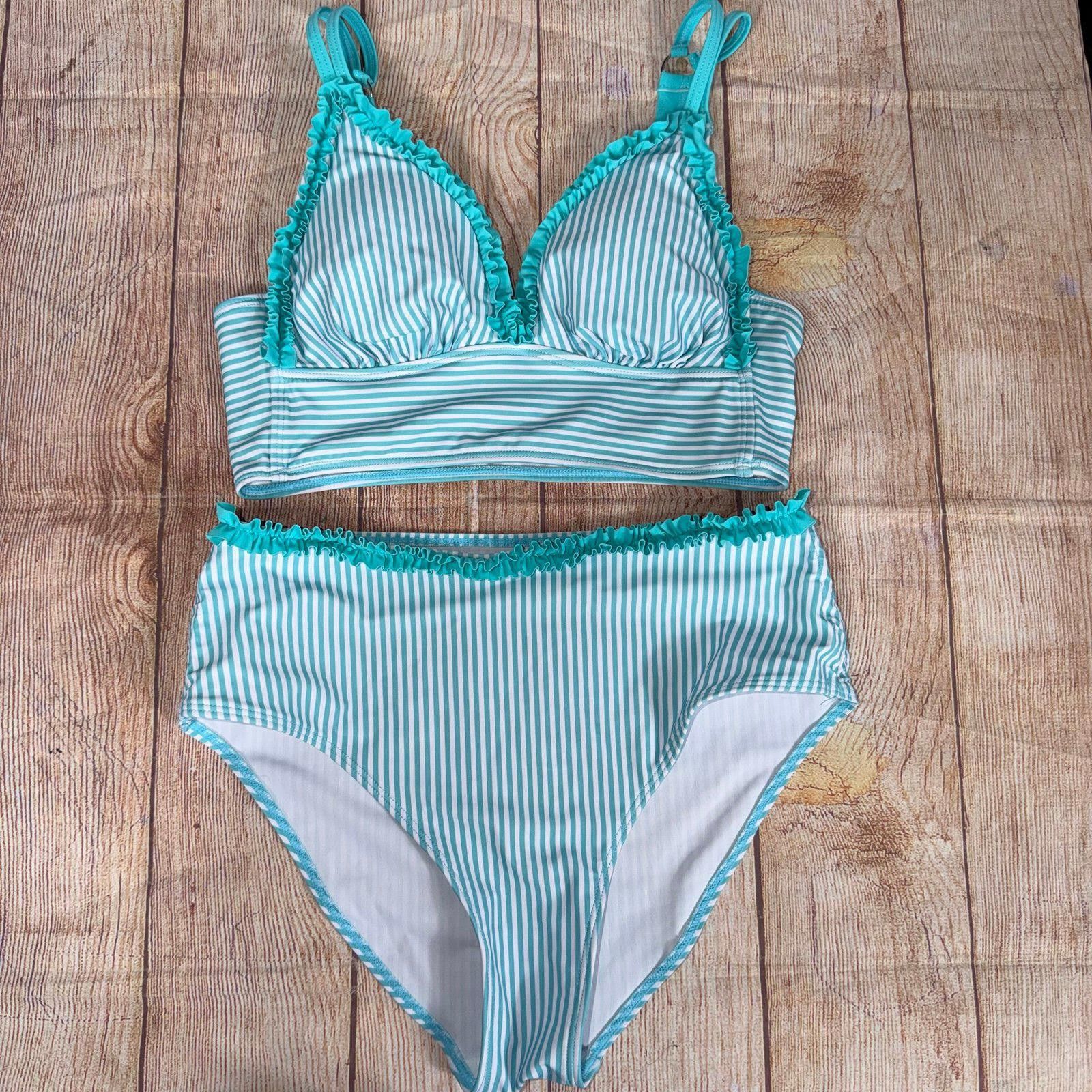 Other Striped High-Waisted Bikini Set with Ruffle Trim Size M Size ONE SIZE - 1 Thumbnail