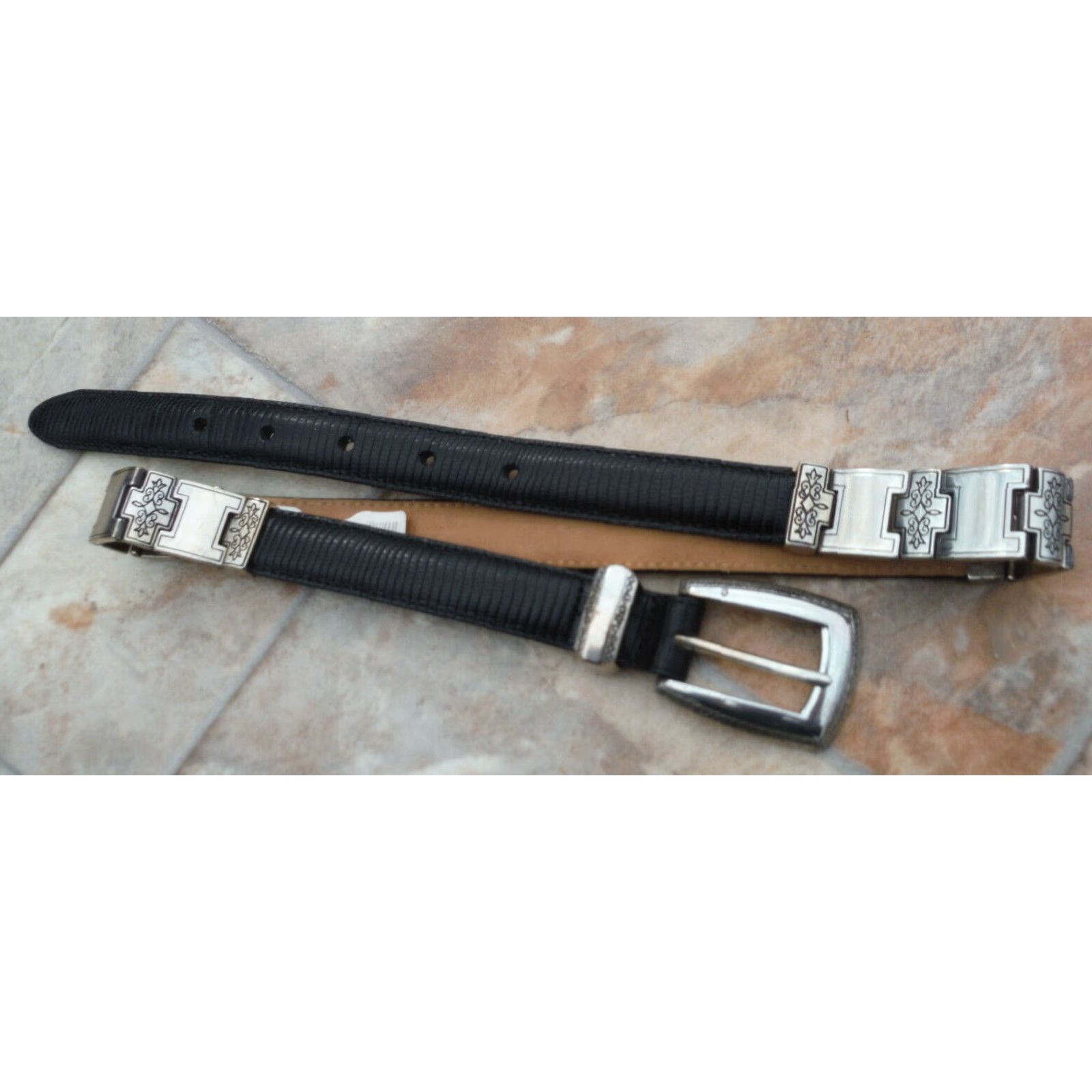 Brighton VINTAGE Brighton Leather Concho Belt Women's Small Black Reptile Pattern 90s Decorative Engraved Size ONE SIZE - 5 Thumbnail