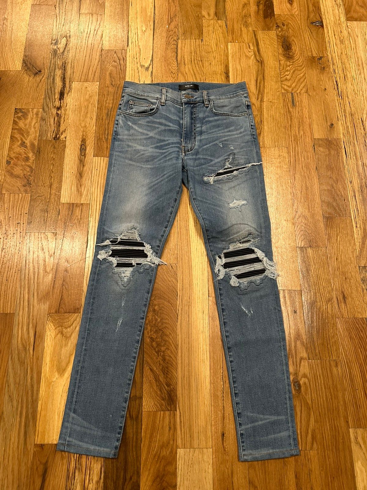 Pre-owned Amiri Mx1 Black Leather Patch Blue Denim Jeans Size 31