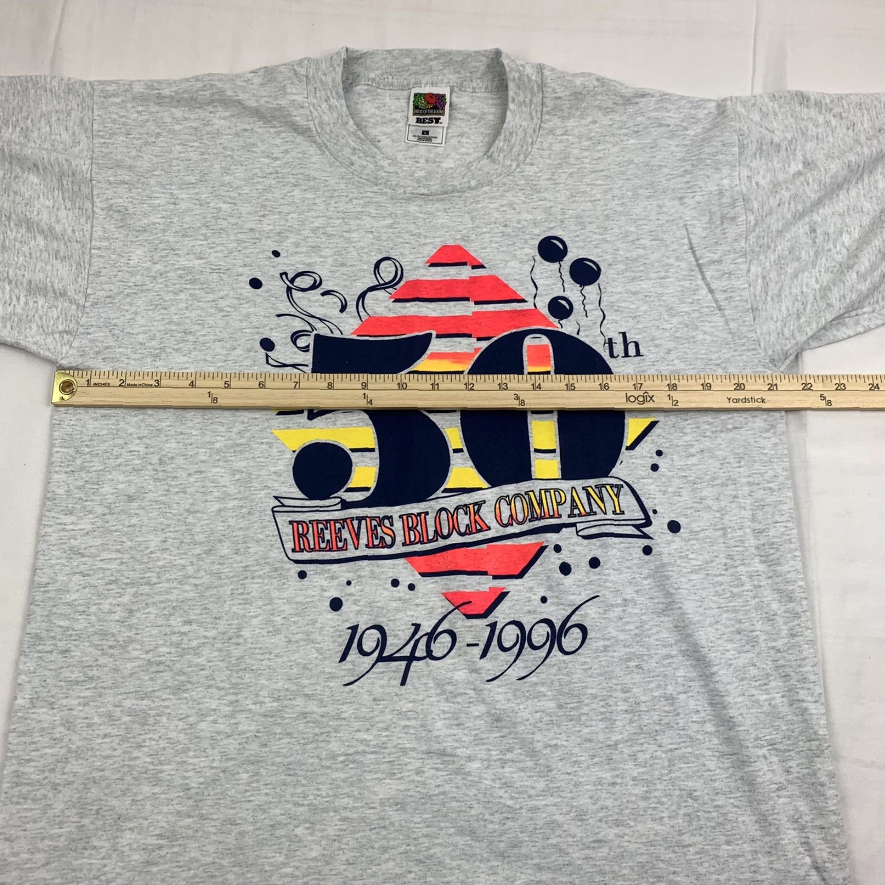 Fruit Of The Loom Vintage Reeves Block Company 50th T Shirt Adult Large Gray Made in USA 90s 1996 Size US L / EU 52-54 / 3 - 6 Thumbnail