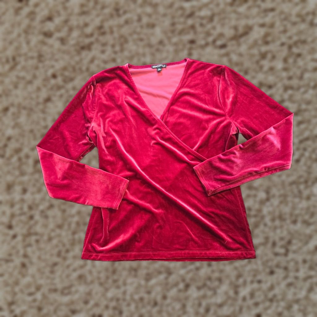J.Crew J.CREW Blouse Womens Large Red Velour Deep V Long Sleeve Stretch Casual Size L / US 10 / IT 46 - 1 Thumbnail