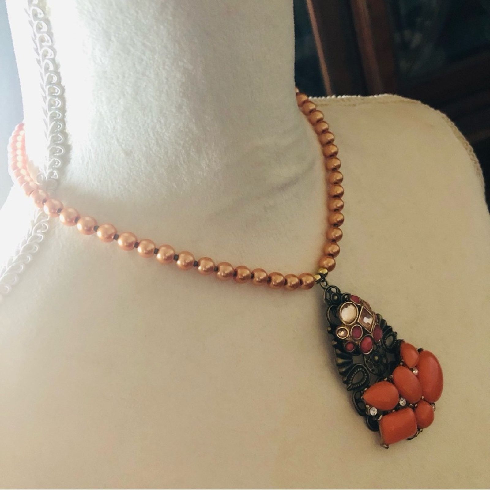 Handmade Handcrafted repurpose stone covered filigree Pearl necklace Size ONE SIZE - 3 Thumbnail