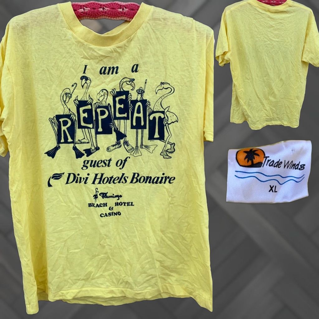 Vintage VINTAGE Repeat guest Divi Hotels Bonaire Flamingo Beach Hotel Casino T Shirt XL Yellow Graphic Tee Mens Size US XL / EU 56 / 4 - 1 Thumbnail