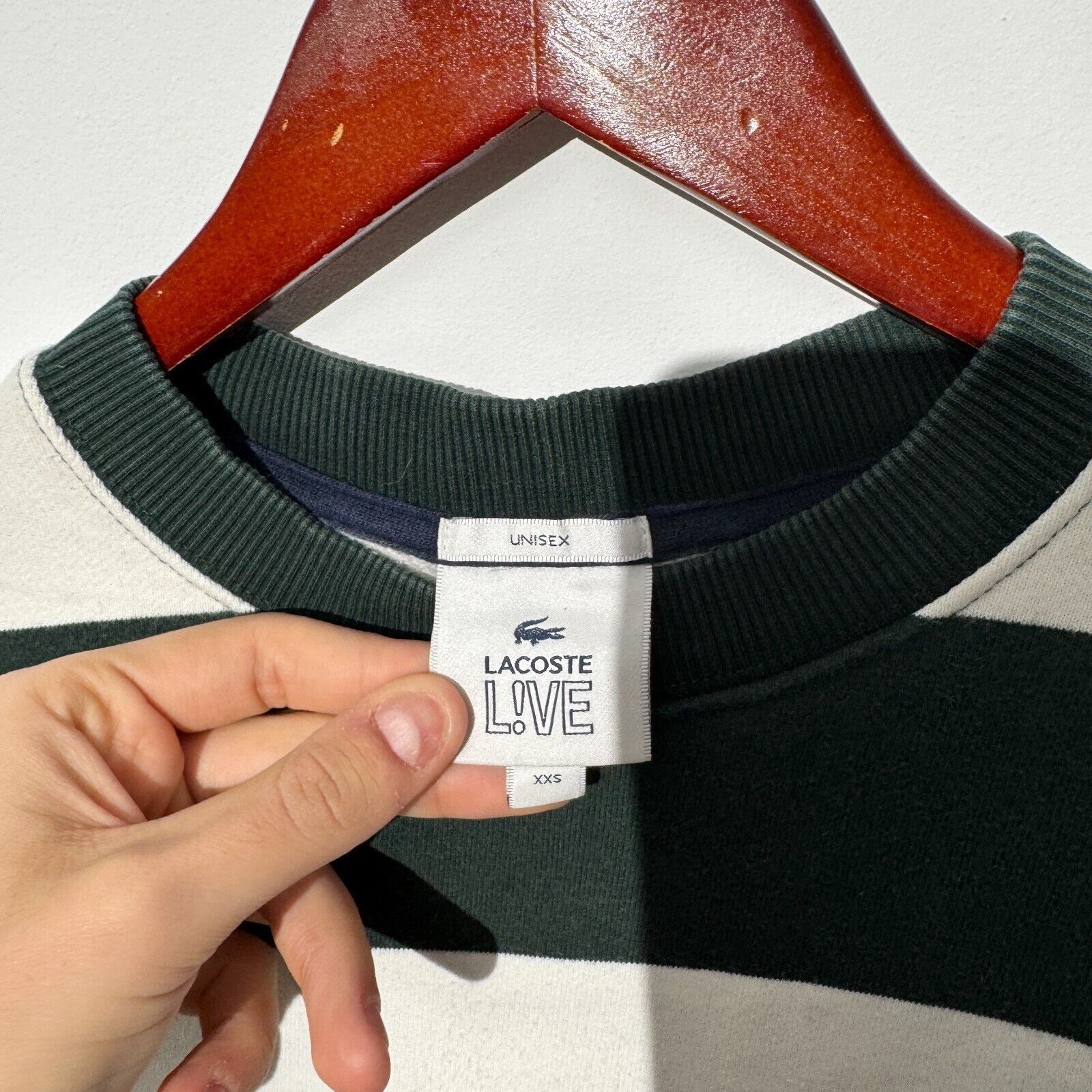 Lacoste Lacoste Unisex XXS Green White Striped Cotton Crewneck Size US M / EU 48-50 / 2 - 7 Thumbnail