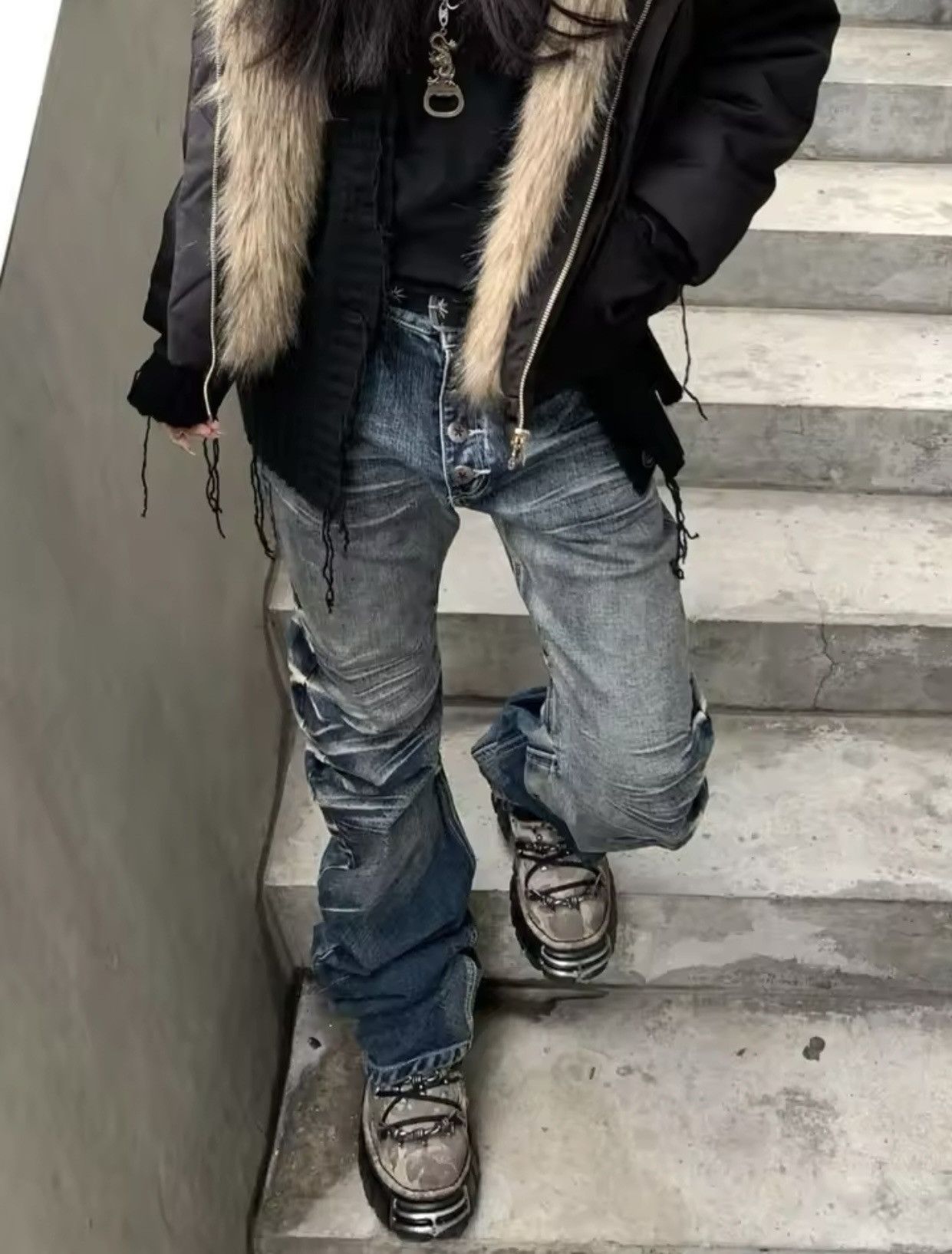 Denime × Jean American Retro Y2K Crack Wash Jeans Size US 31 - 3 Thumbnail