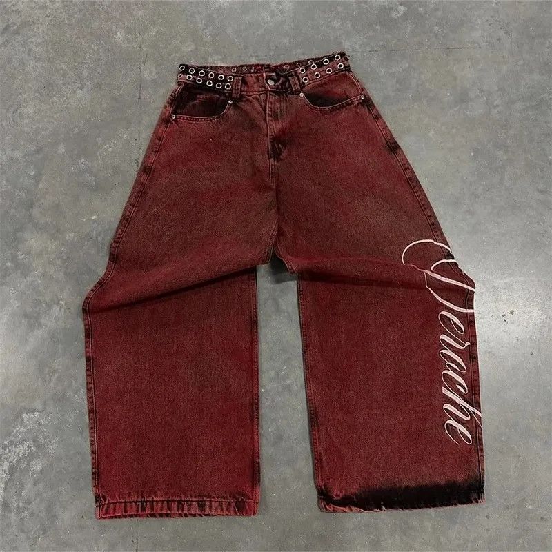 Japanese Brand Y2k baggy jeans washed Red vintage letter print rivet waist Size US 36 / EU 52 - 2 Thumbnail